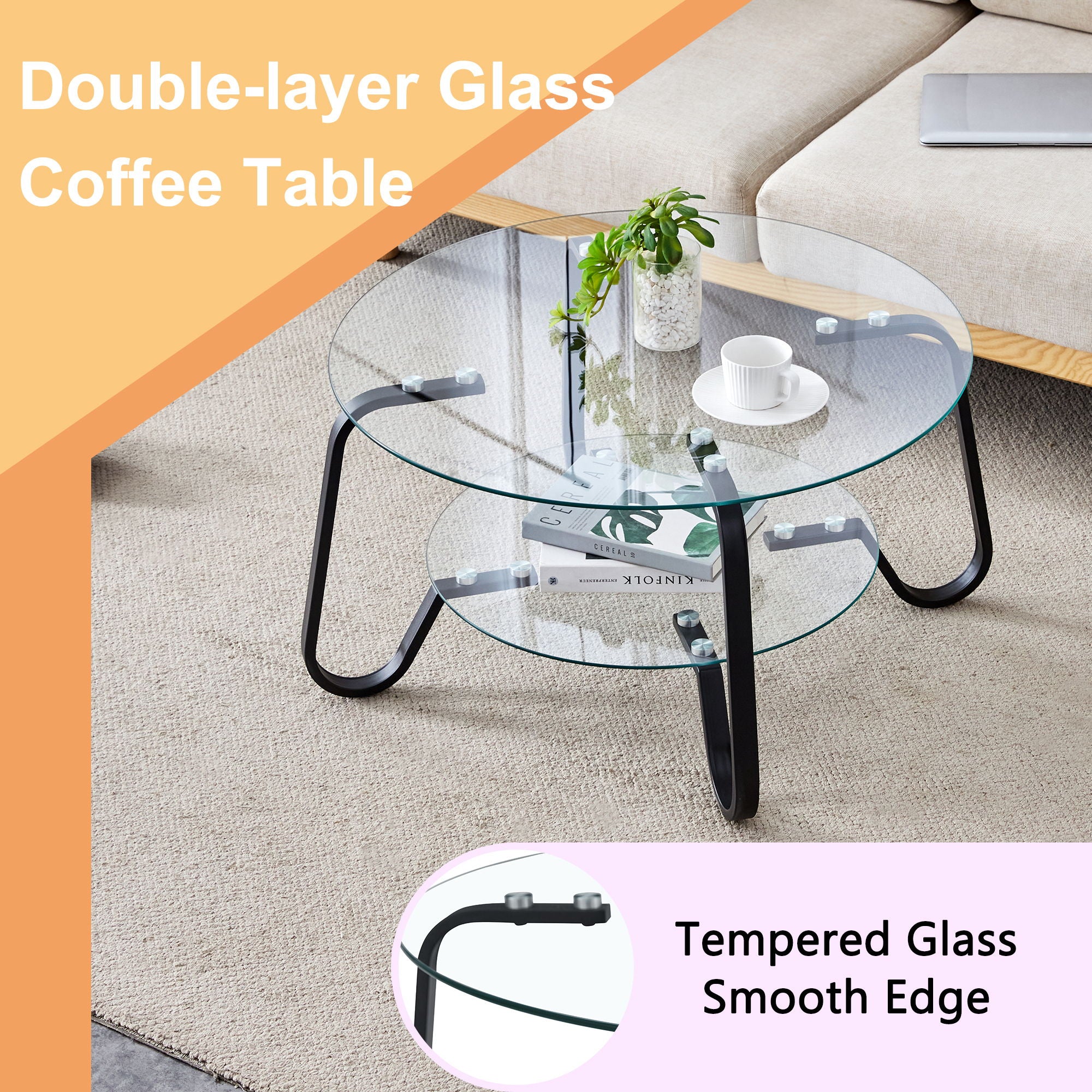 Retro Minimalist Style Metal Frame Double Layer Tempered Glass Coffee Table