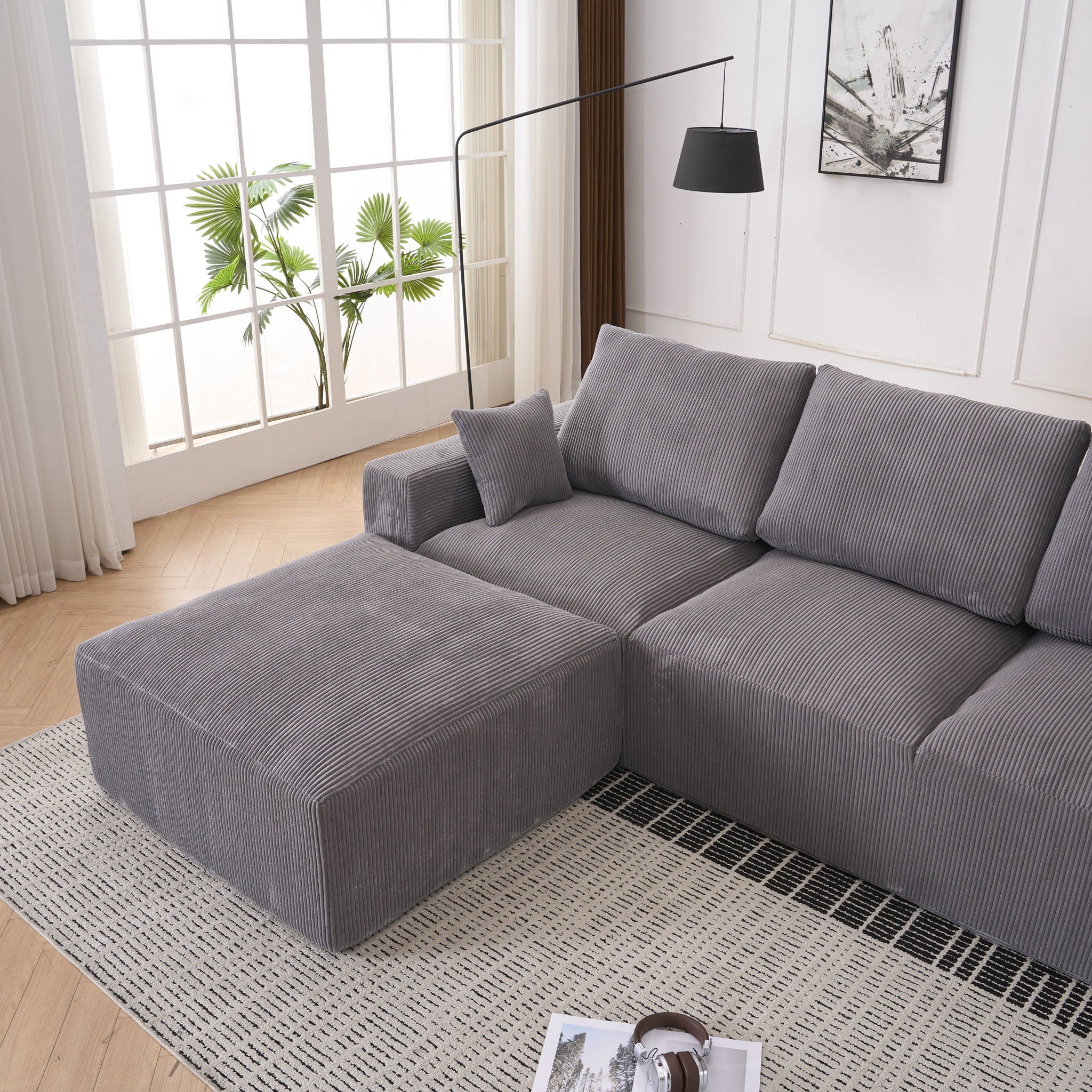 Modular Sectional Sofa With Ottoman, USB And Type C Charger, Petal Armrest Design