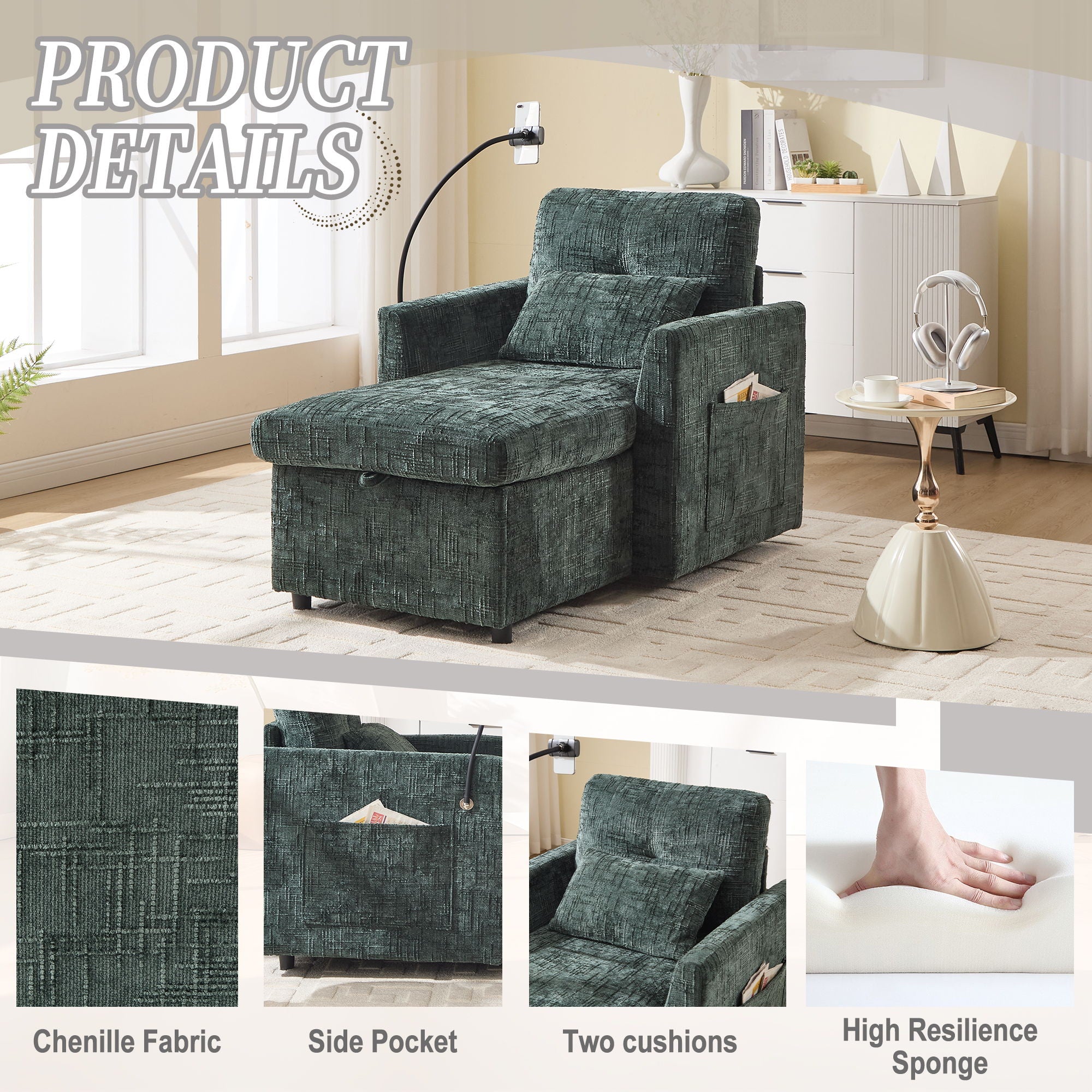 Multifunctional Chenille Recliner Sofa With Storage And Phone Bracket