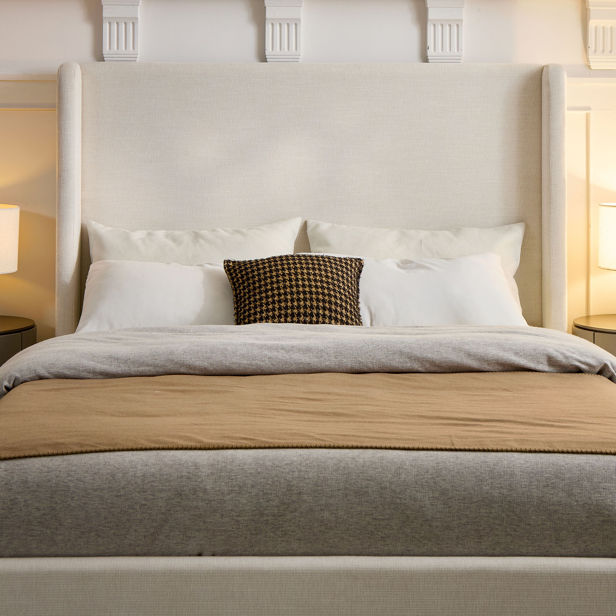 Caron - Upholstered Wingback Bed With High Headboard