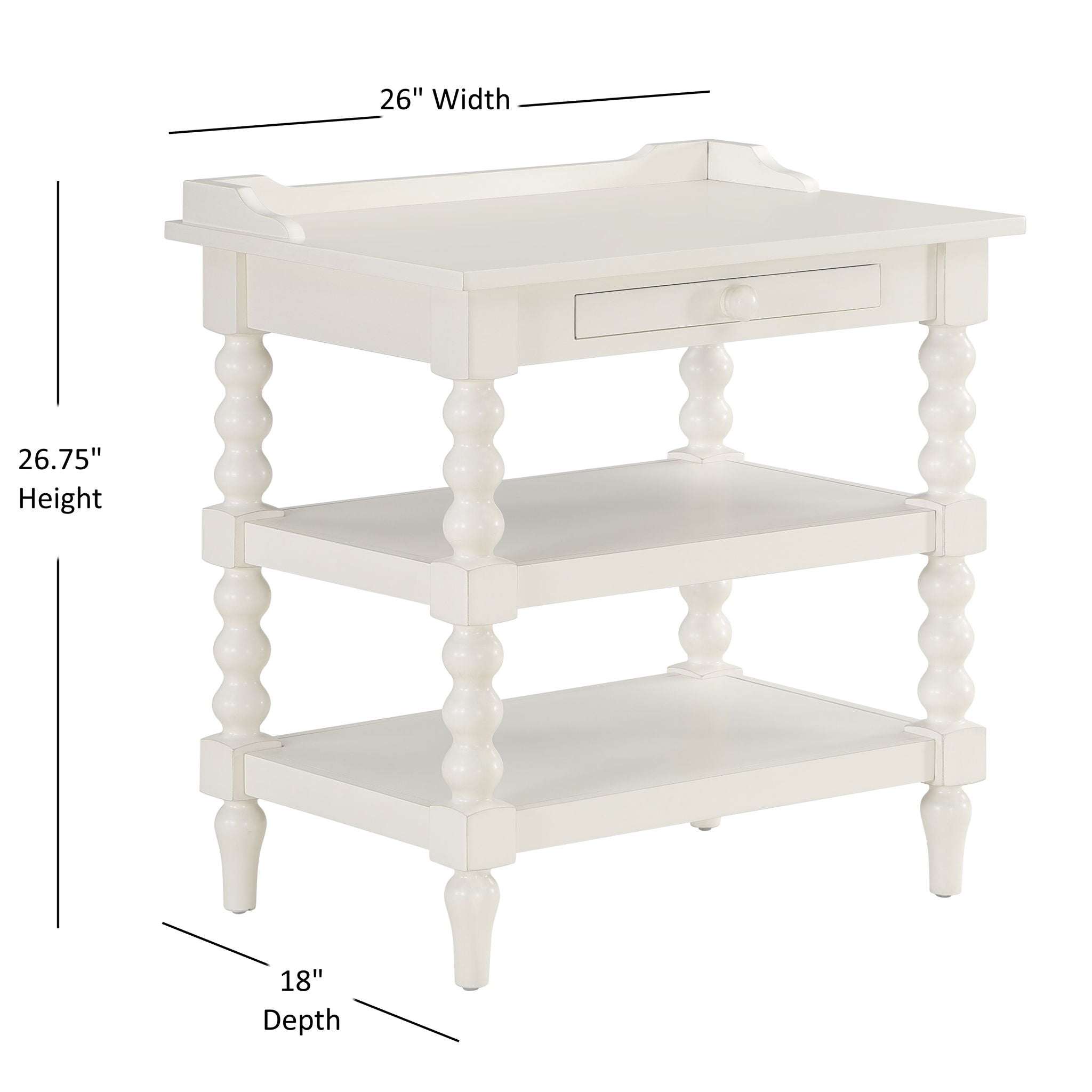 Aria - Nightstand With Styling, 2 Shelves, Pull Out Tray, Spool Turned Legs - Antique White