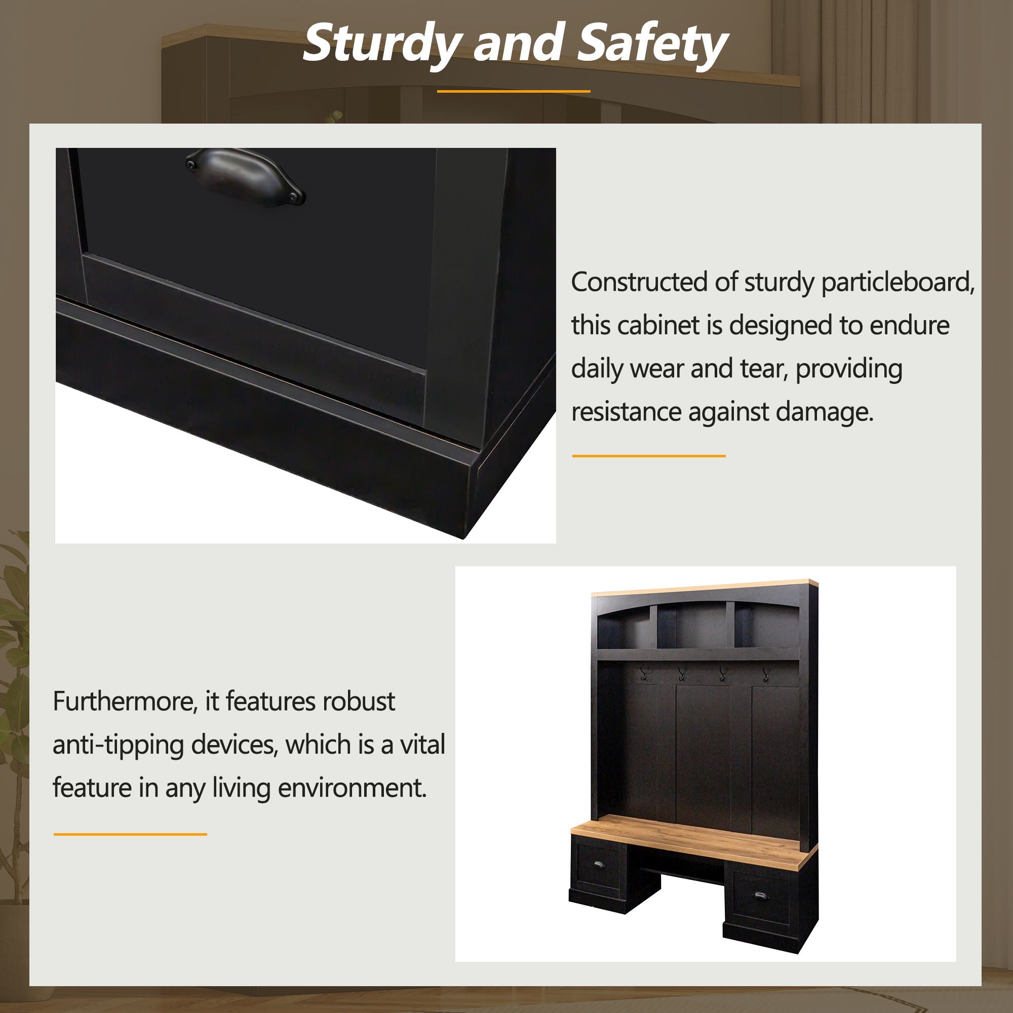 Farmhouse 4 In 1 Hall Tree With Wood Grain Bench And Top