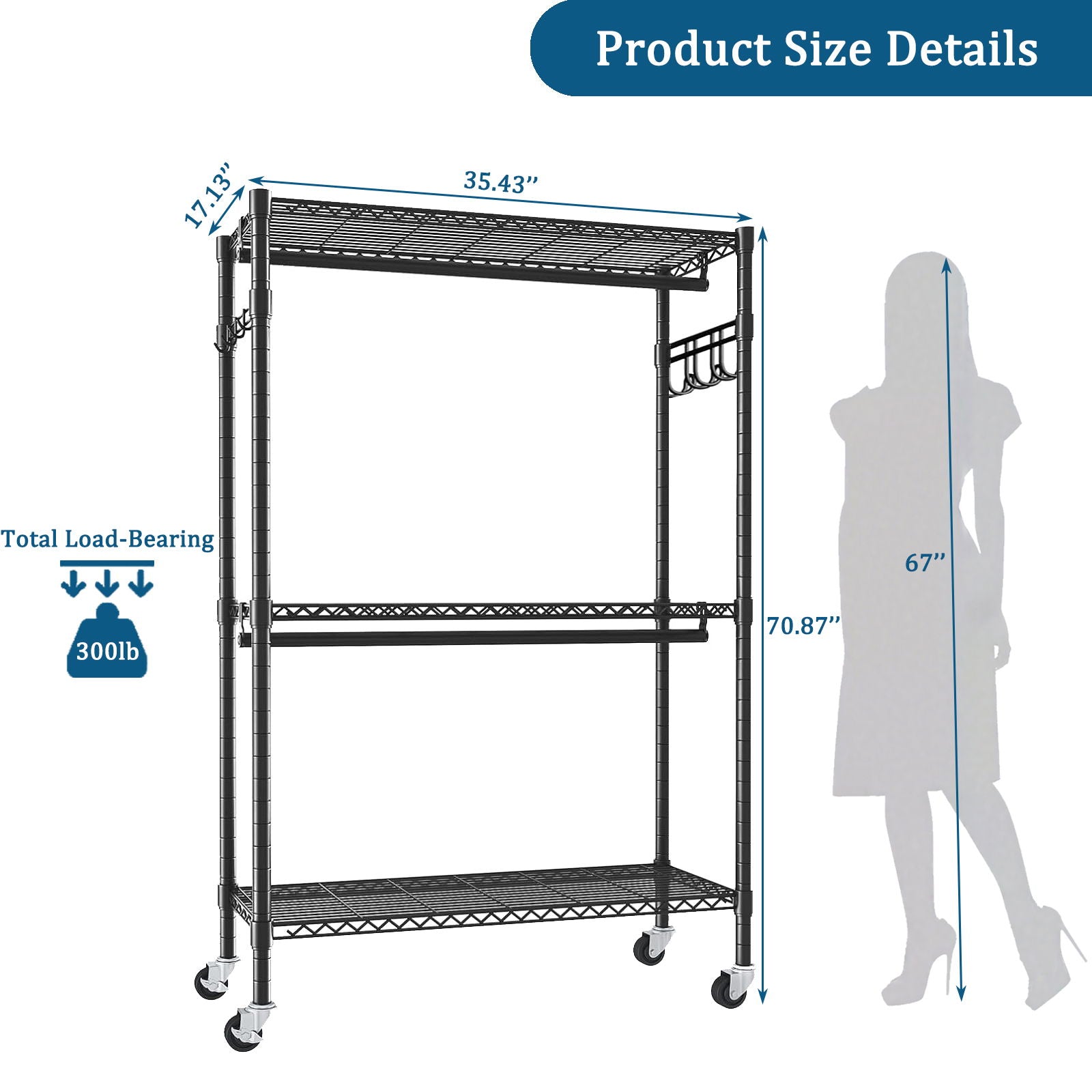 Heavy Duty Rolling Clothes Rack With 3 Tier Shelves, 2 Rails & Side Hooks, Adjustable Freestanding Organizer Metal - Black