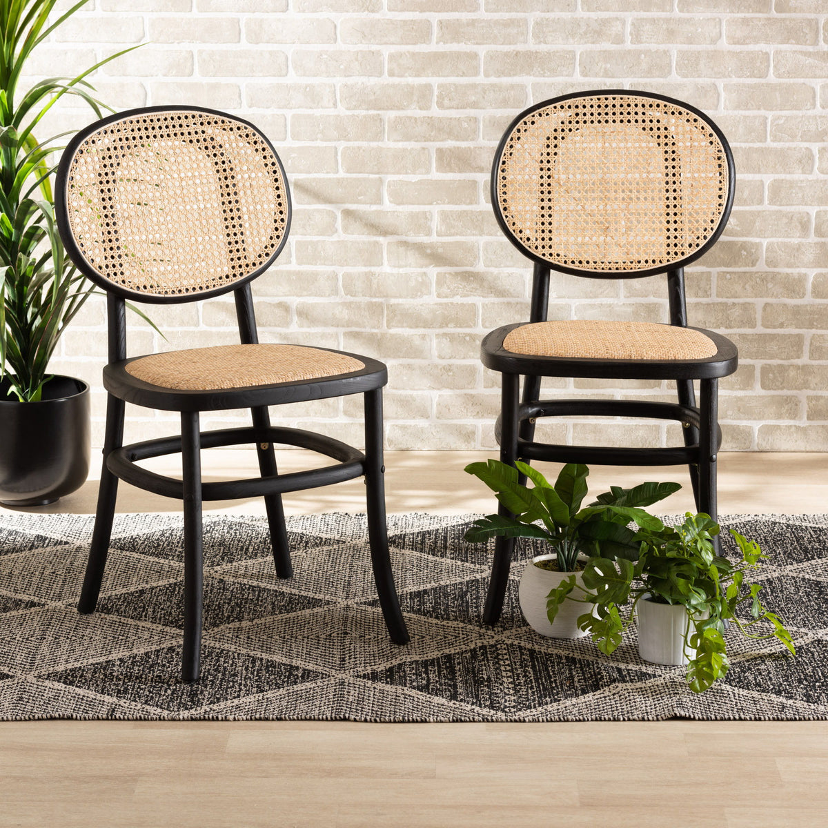 Garold Mid-Century Modern Brown Woven Rattan and Black Wood 2-Piece Cane Dining Chair Set