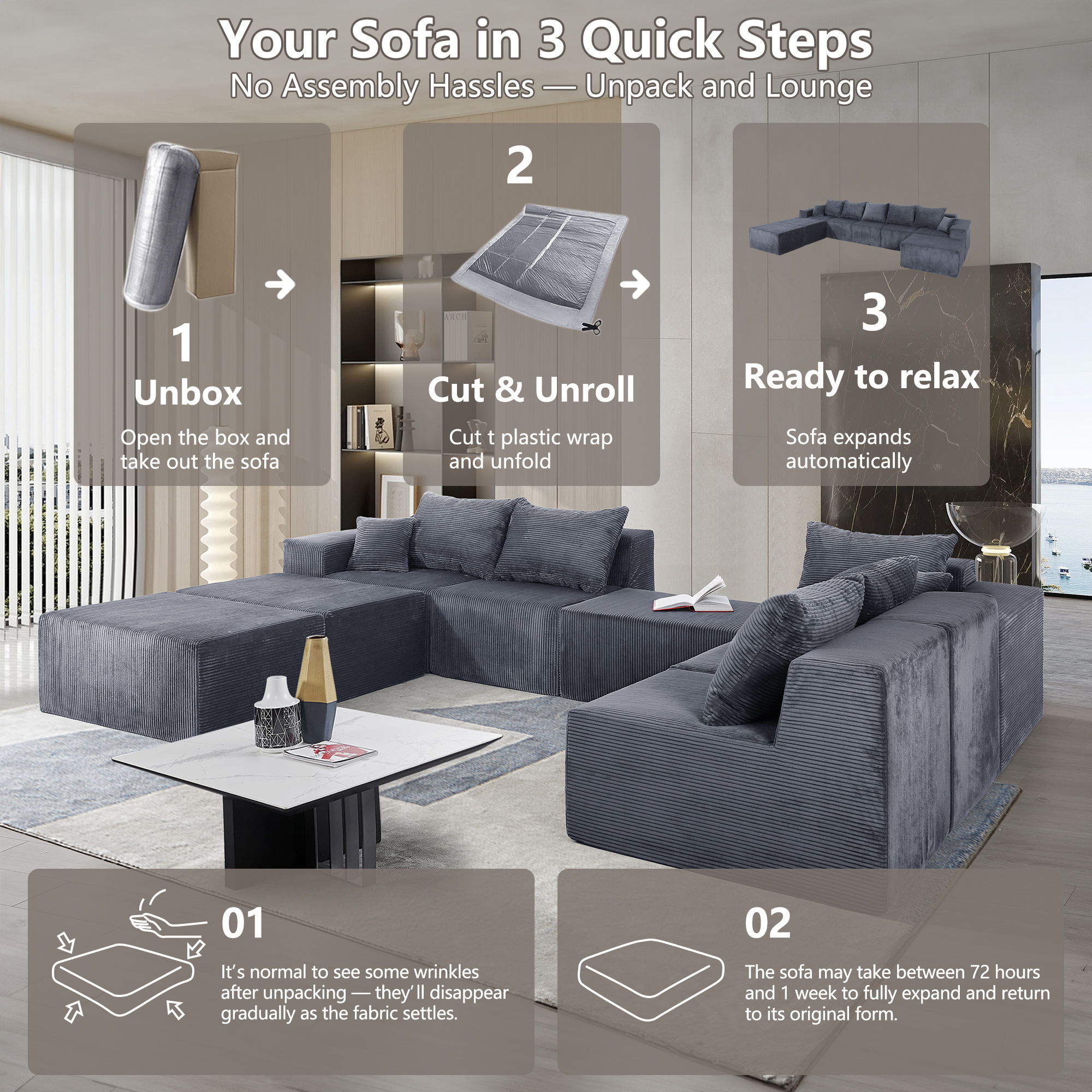 Luxury 8 Piece Modular U Shaped Sectional Sofa With Oversized Chaise Lounge And Bed Corduroy Upholstery