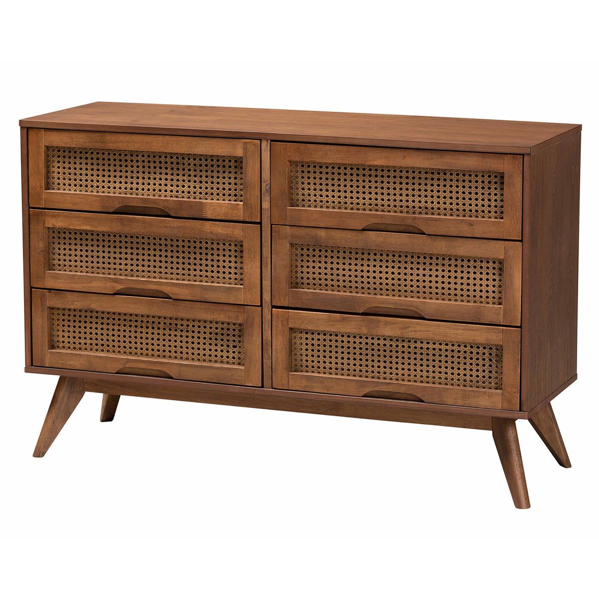 Melora Mid-Century Modern Walnut Brown Finished Wood and Rattan Queen Size 5-Piece Bedroom Set