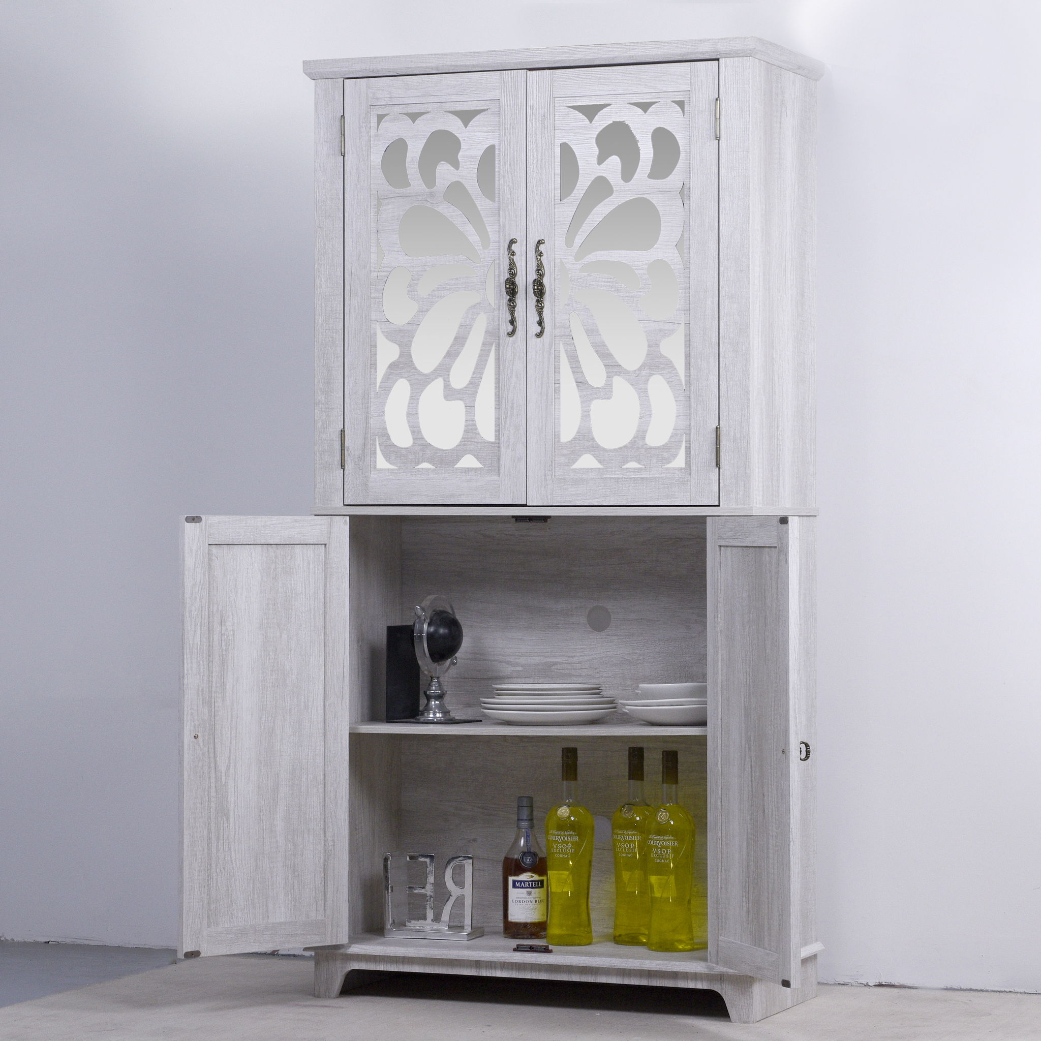 Modern Sideboard Buffet With 4 Mirrored Doors, Adjustable Shelves