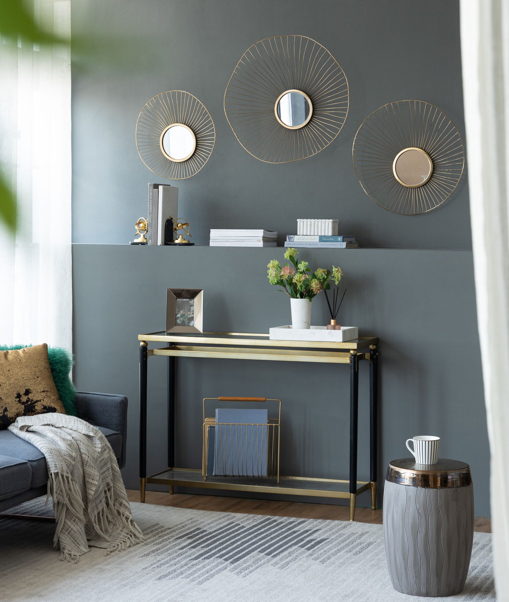 Wall Mirror Abstract Designed Wall Mirrors WithFrame For Home & Office, Top Of Sideboard (Set of 3) - Gold