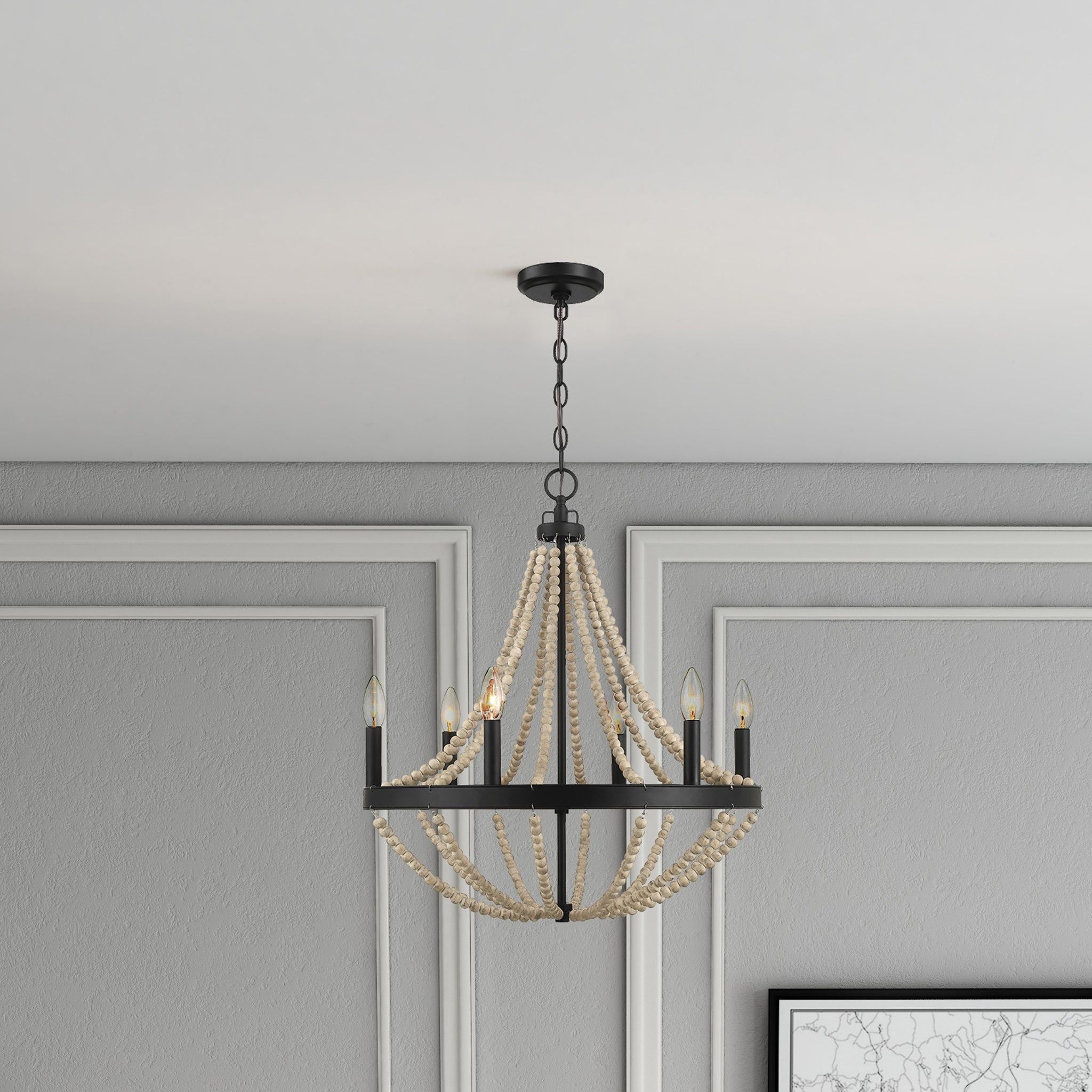 Starry - Chandelier Farmhouse Six Candle Light Wood Beaded Pendant Light For Dining Room - Black / Clear