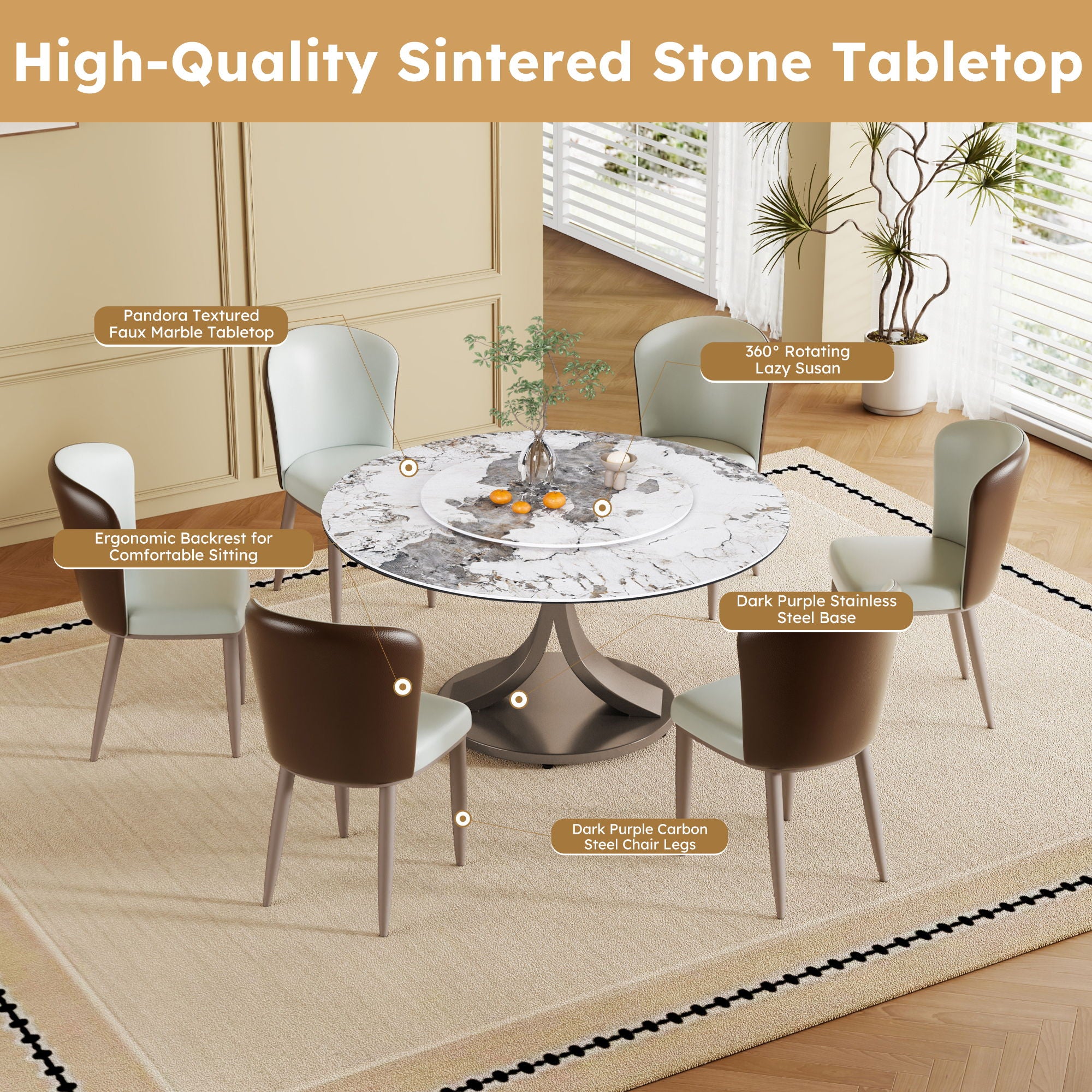 Modern Round Dining Table With 360° Rotating Lazy Susan Scratch & Chairs