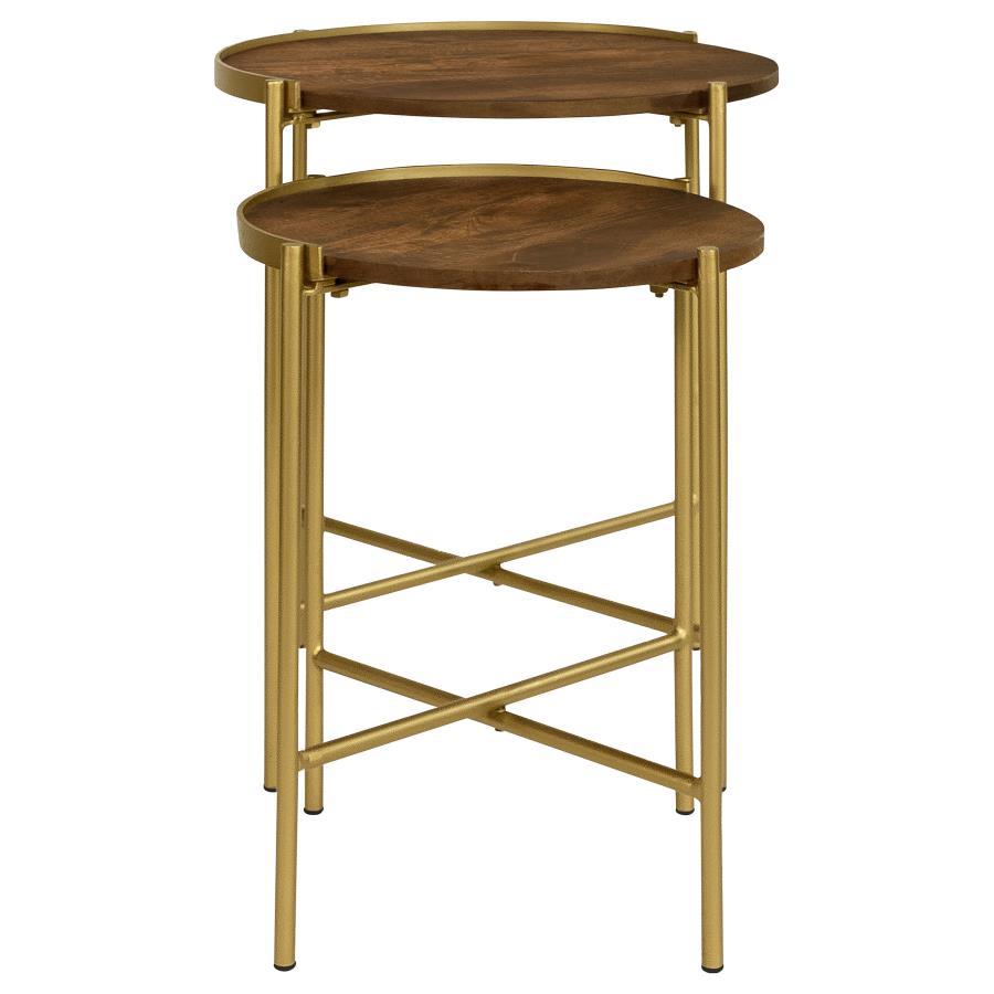 Malka - 2 Piece Round Wood Nesting Table - Dark Brown And Gold