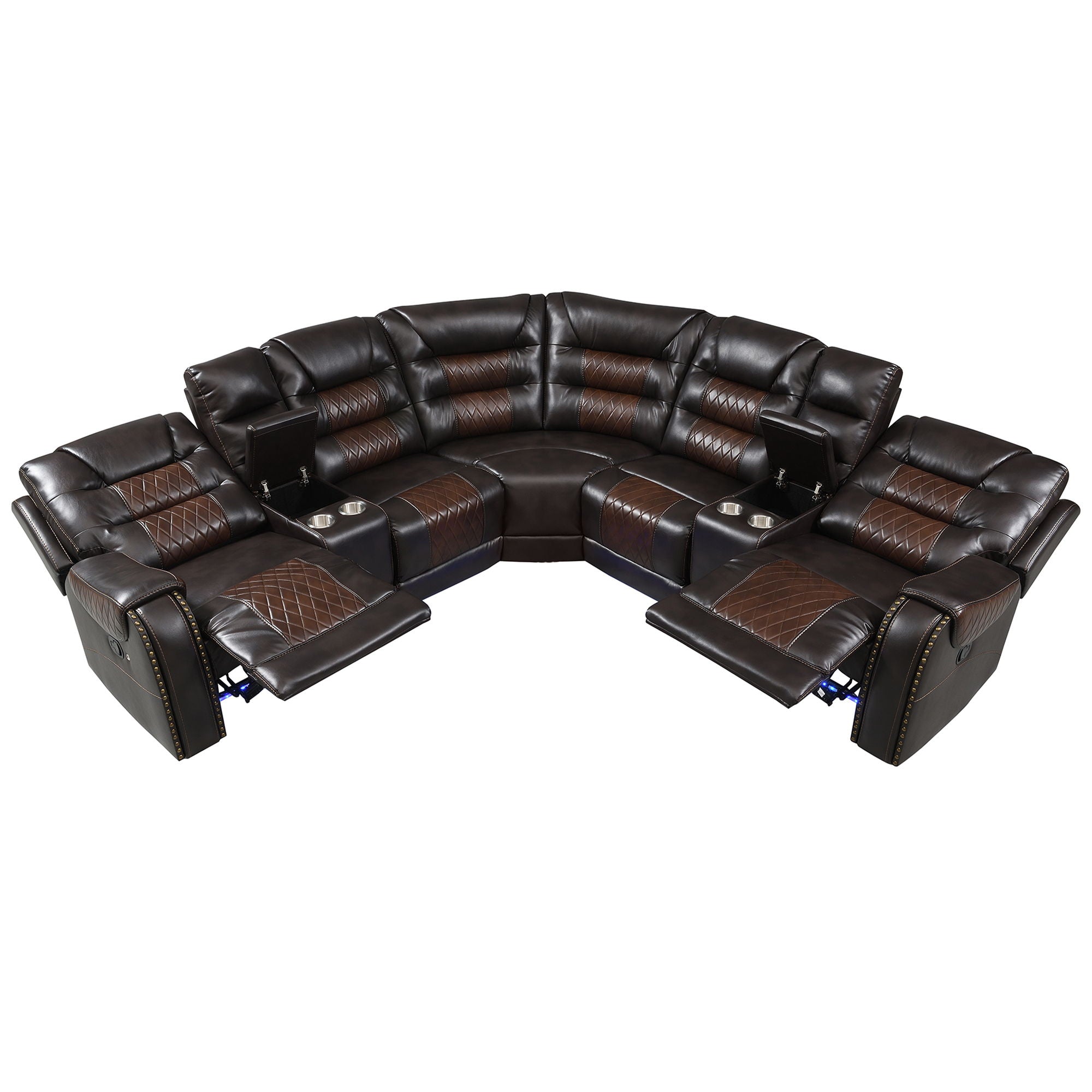 Manual Reclining Sectional Sofa Set, L Shaped Symmetrical Motion Sofa Corner Couch Sets With Storage Boxes, 4 Cup Holders And LED Light Strip For Living Room