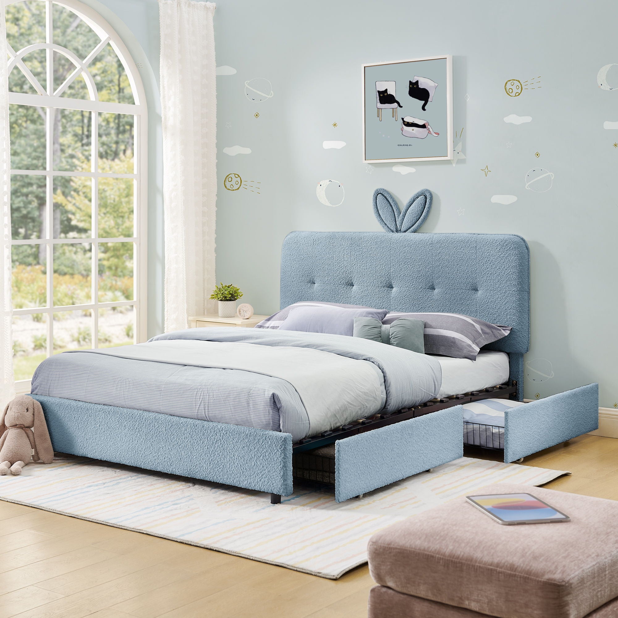 Upholstered Bed With Oversized Rabbit Ear Headboard, LED Lights & 4 Storage Drawers