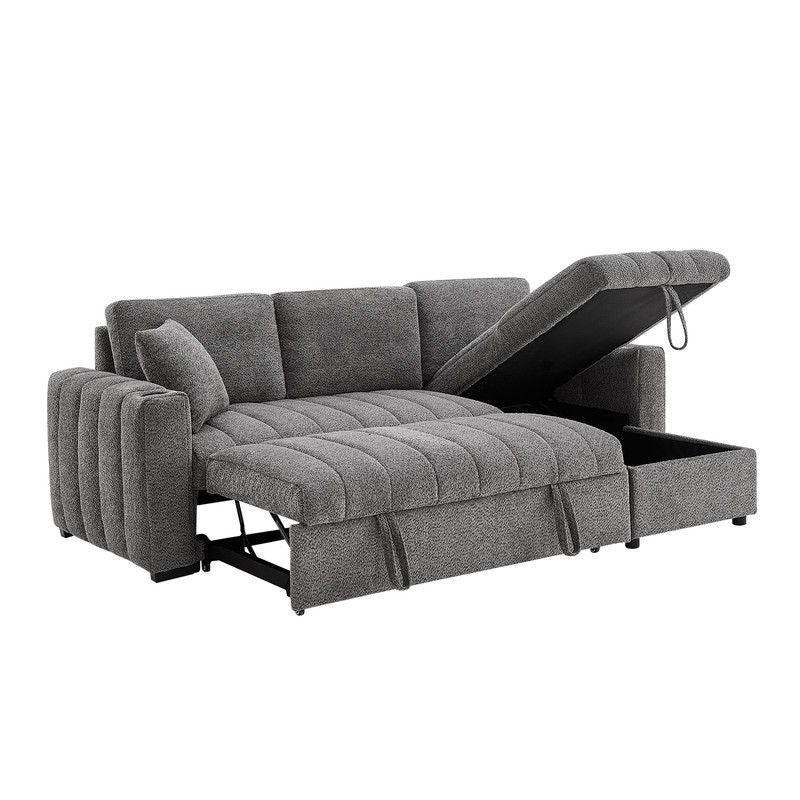Seraphina 101"W Gray Chenille Fabric Reversible Sleeper Sectional Sofa with Storage Chaise, Cupholders, USB Charging Port, and Throw Pillows