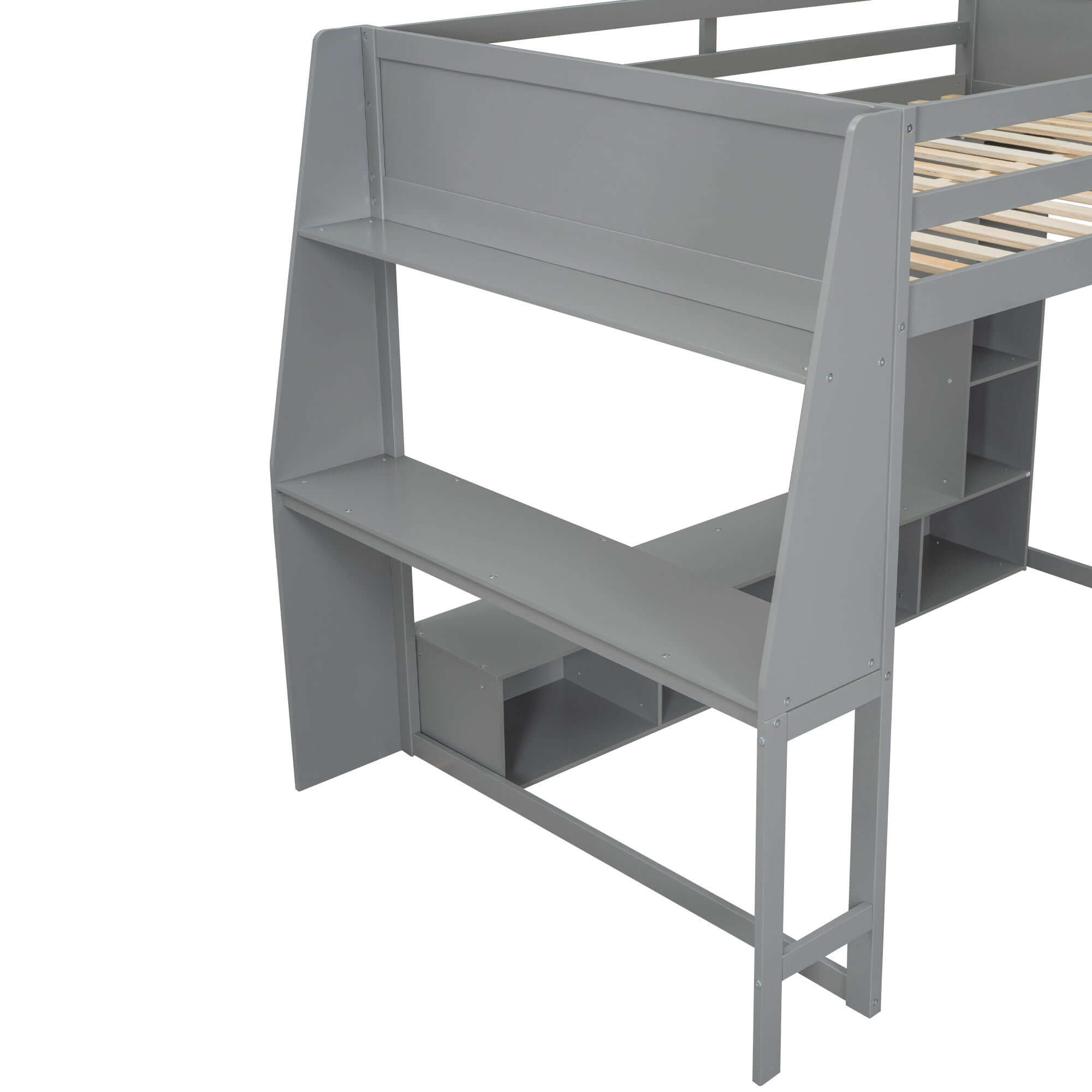 Full Size Gaming Loft Bed With Desk, Multi Storage Shelves, LED Lighting, And Hanging Clothes Rack - Gray