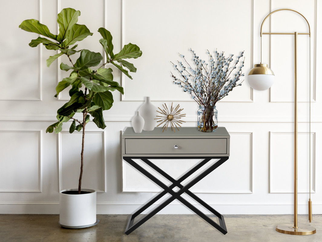 Koda 23"W Taupe Wooden End Side Table Nightstand with Glass Top, Drawer and Metal Cross Base