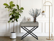 Koda 23"W Taupe Wooden End Side Table Nightstand with Glass Top, Drawer and Metal Cross Base