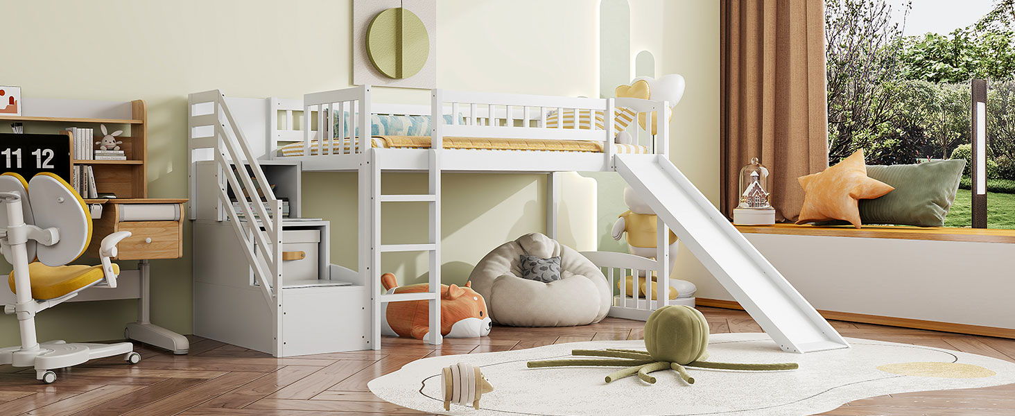 Loft Stairway Bed With 2 Drawers, Convertible Ladder And Slide