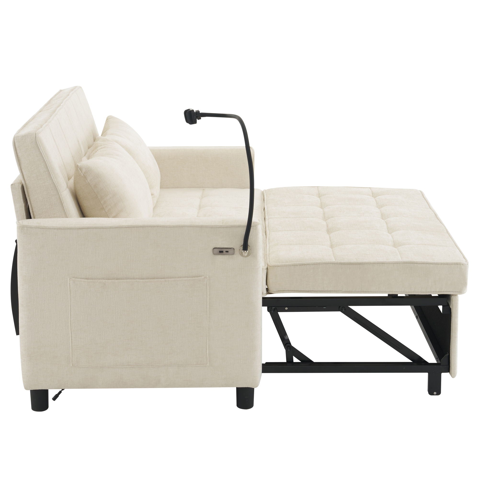 Pull-Out Sleeper Sofa With Reversible Backrest Cushion, Side Pockets, 2 USB Ports And A Phone Holder For Living Room
