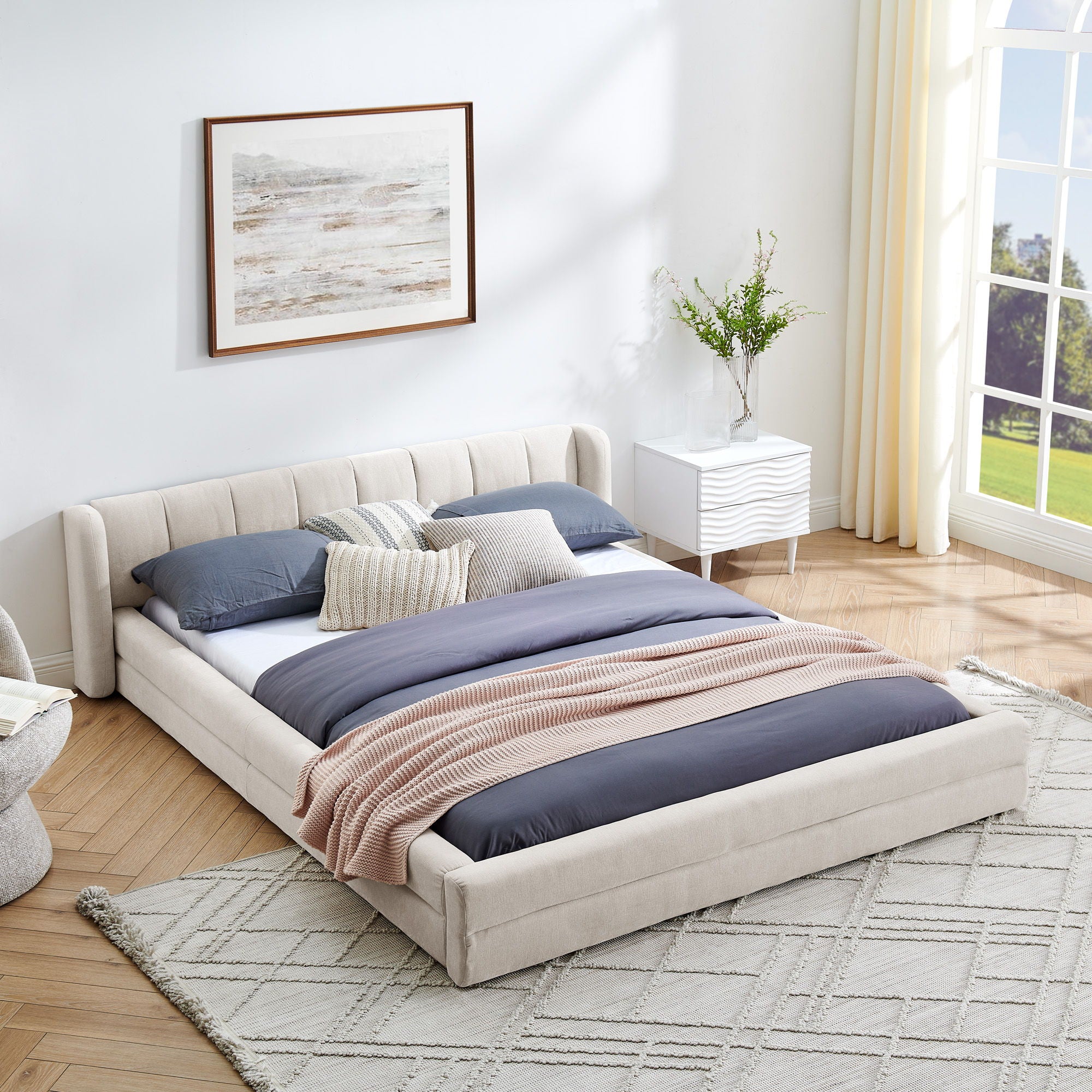 Modern Upholstered Bed Frame With Thick Chenille Fabric And Headboard