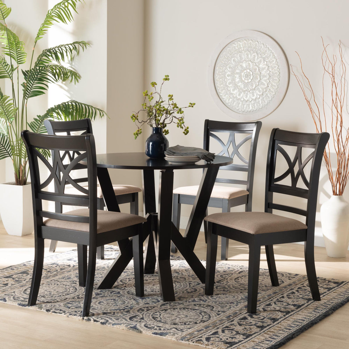 Mari Modern Beige Fabric and Dark Brown Finished Wood 5-Piece Dining Set