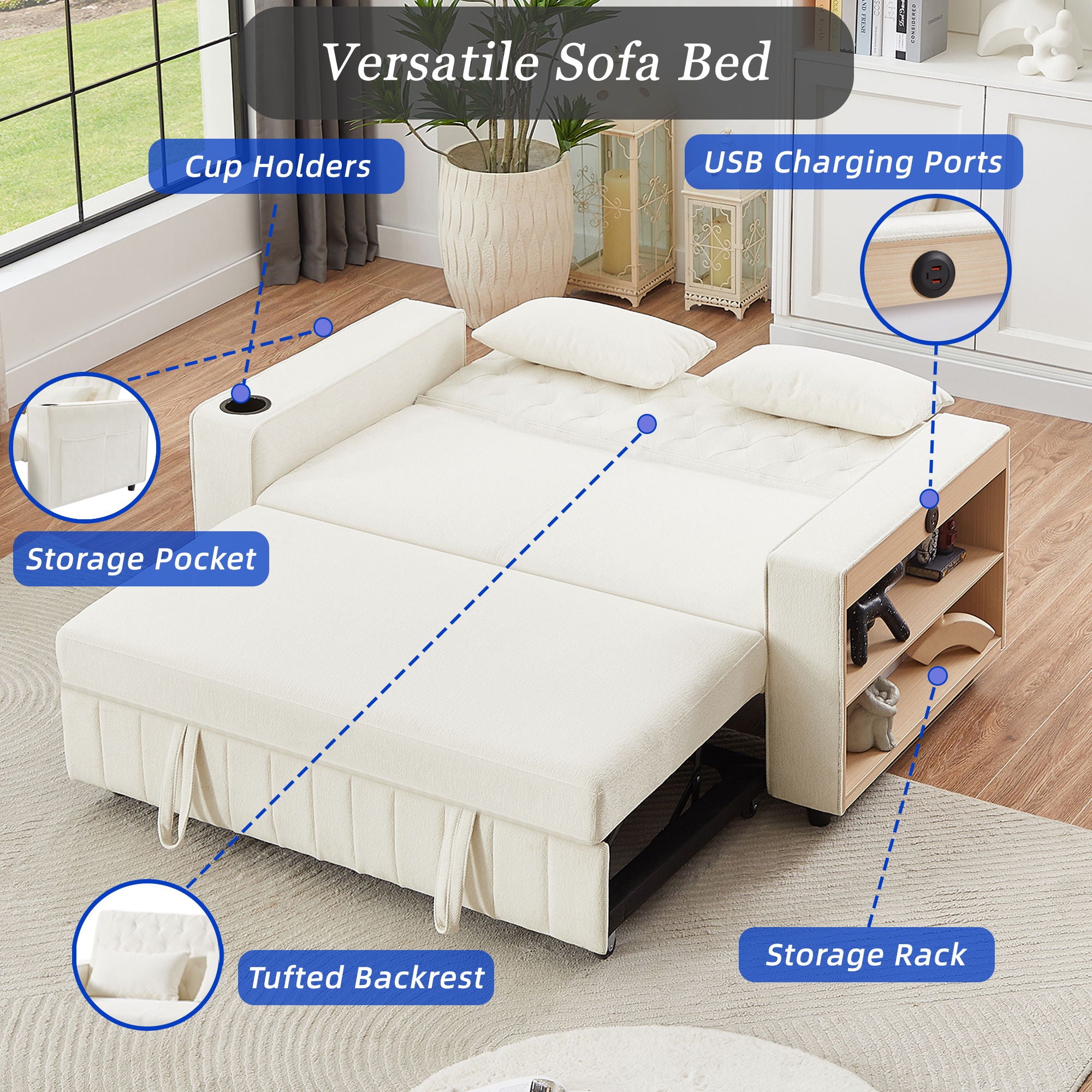 Pull-Out Sofa Bed Convertible Couch With Adjustable Backrest For Living Room