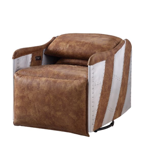 ACME Qalurne - Recliner - 2-Tone Mocha Top Grain Leather & Aluminum | Meri Furniture