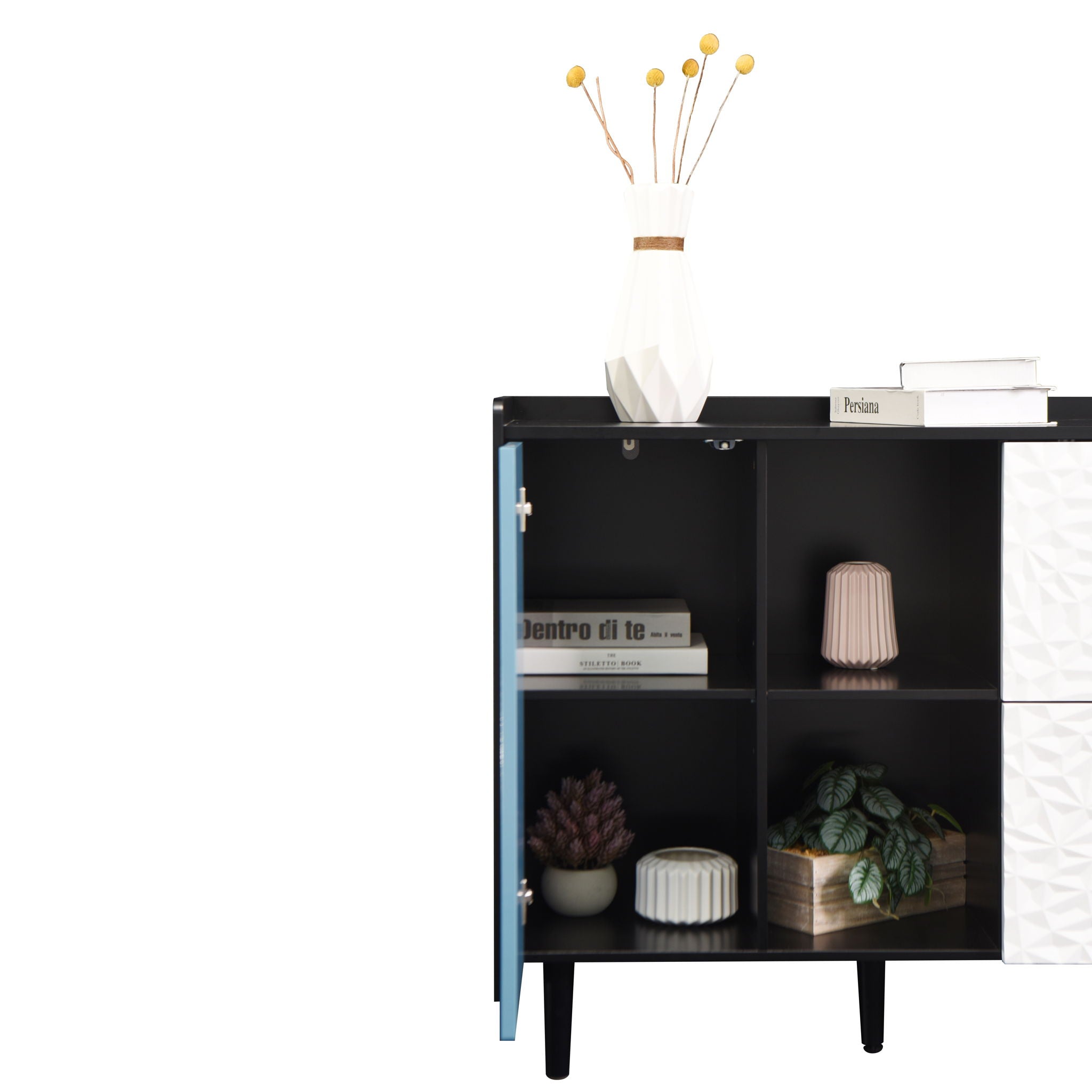 Modern Sideboard Buffet Cabinet With Red Doors And Unique Panel Styling