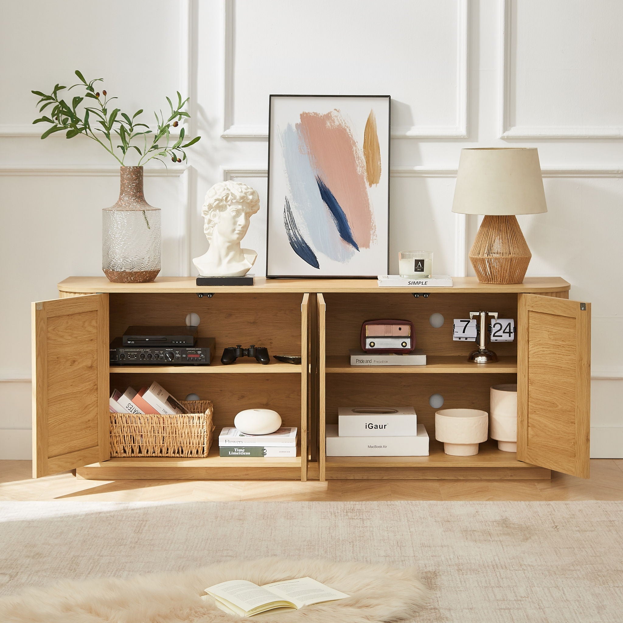 Contemporary Wave Shaped TV Stand With Rattan Doors
