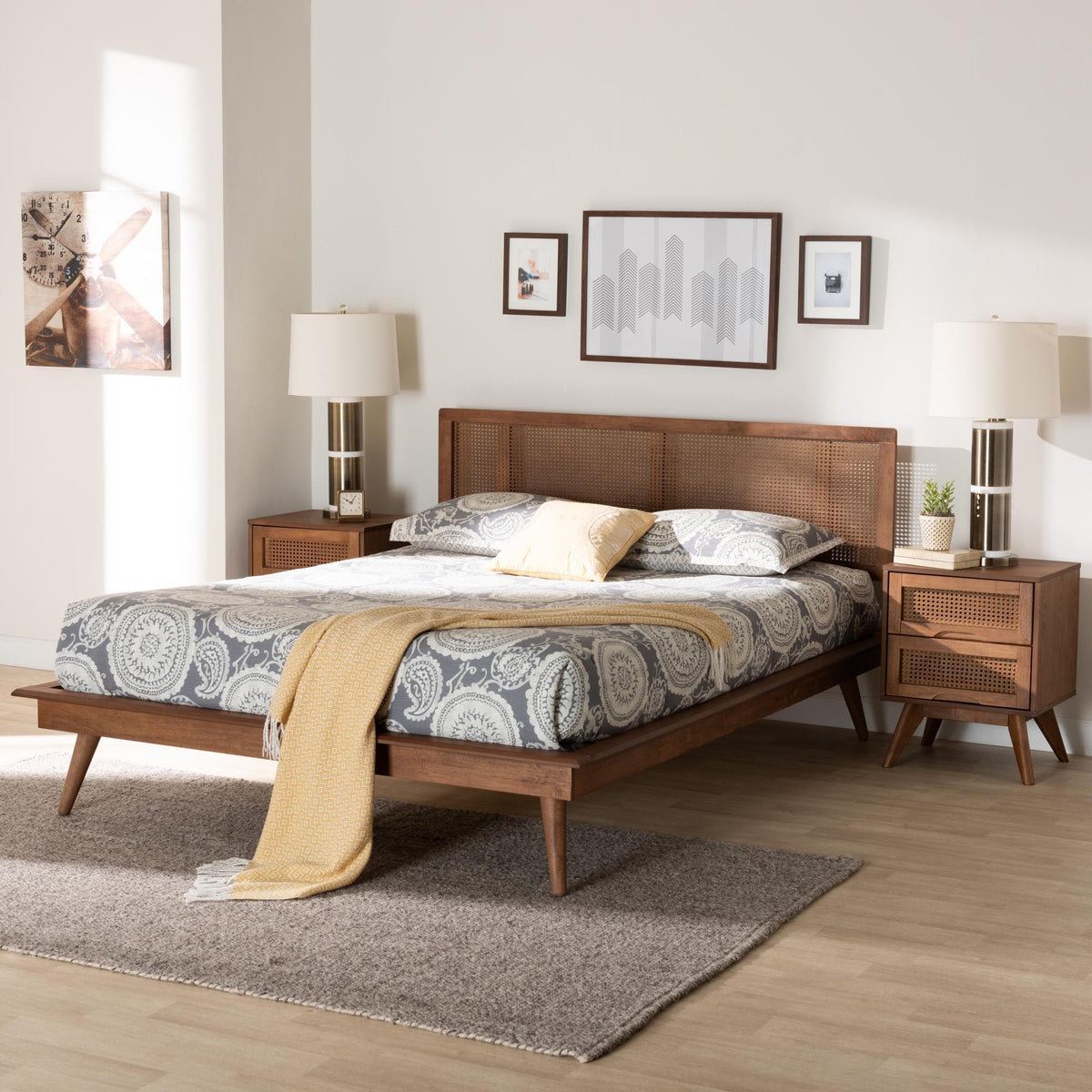 Nura Mid-Century Modern Walnut Brown Finished Wood and Rattan Queen Size 3-Piece Bedroom Set