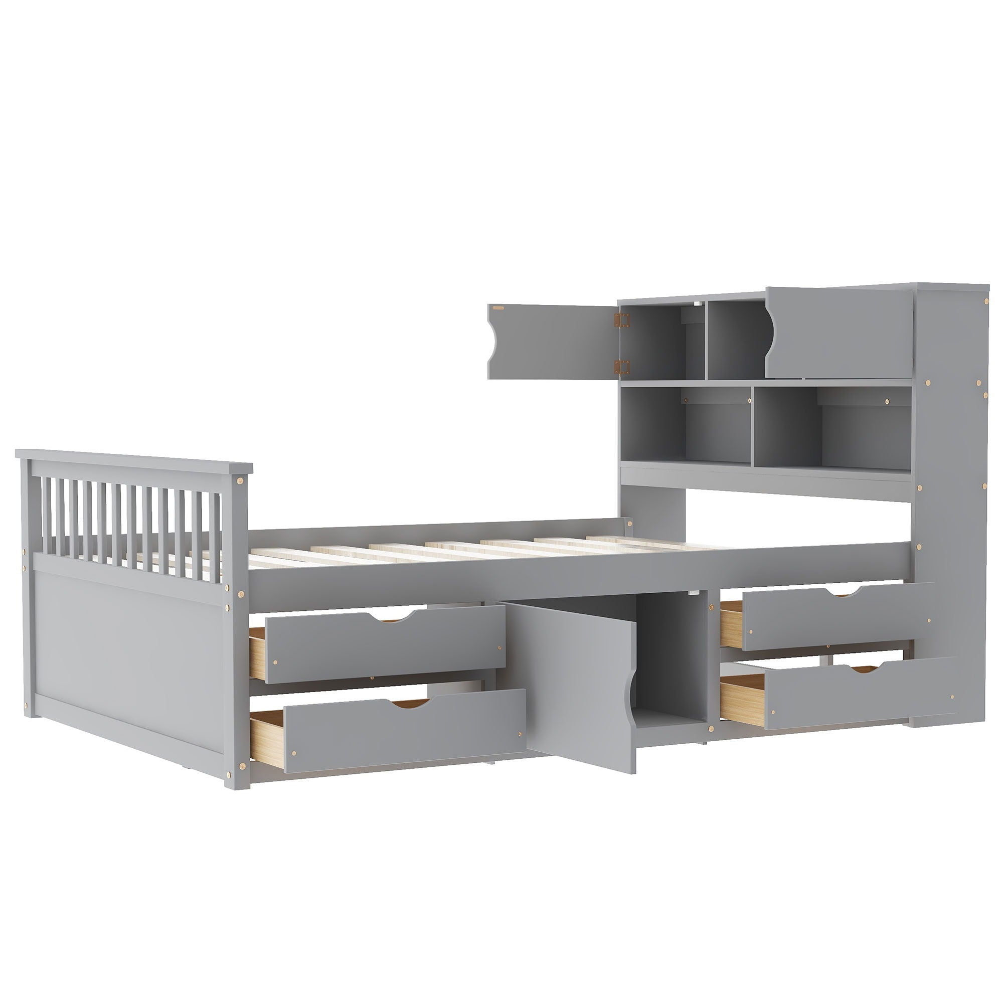 Captain Platform Bed Frame With Bookcase Headboard, 4 Drawers, Storage Shelves