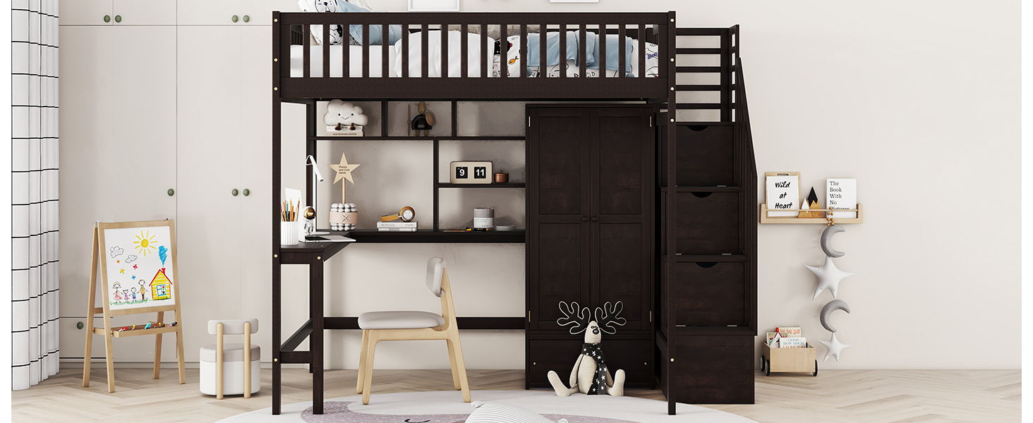 Loft Bed With Bookshelf, Drawers, Desk, And Wardrobe