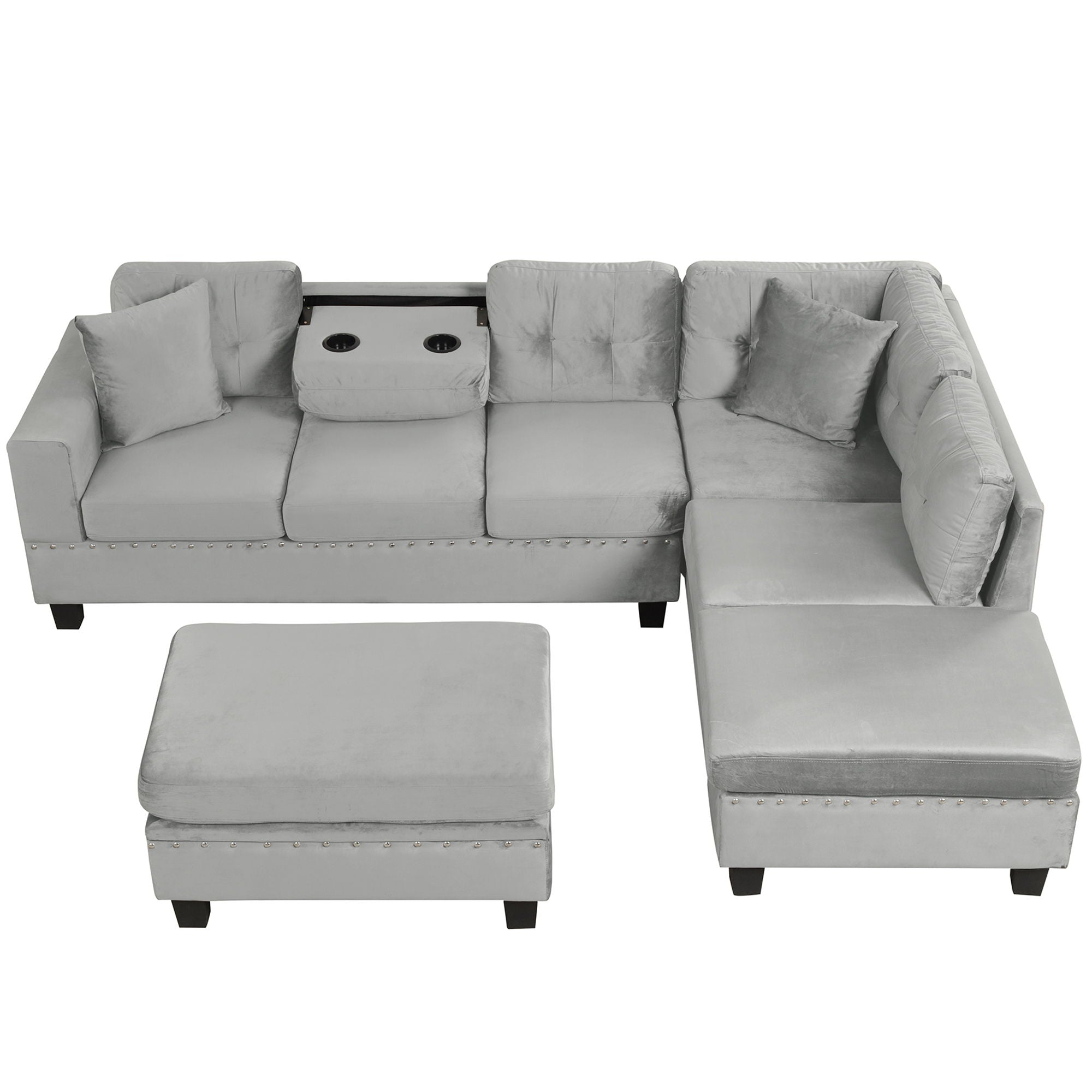 Modern Sectional Sofa With Storage Ottoman, L - Shape Couch With 2 Pillows And Cup Holders
