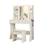 Vanity Desk Set With Mirror & Adjustable Lights Power Outlet And Hair Dryer Rack 2 Drawers And 6 Shelves Includes Cushioned Stool - White
