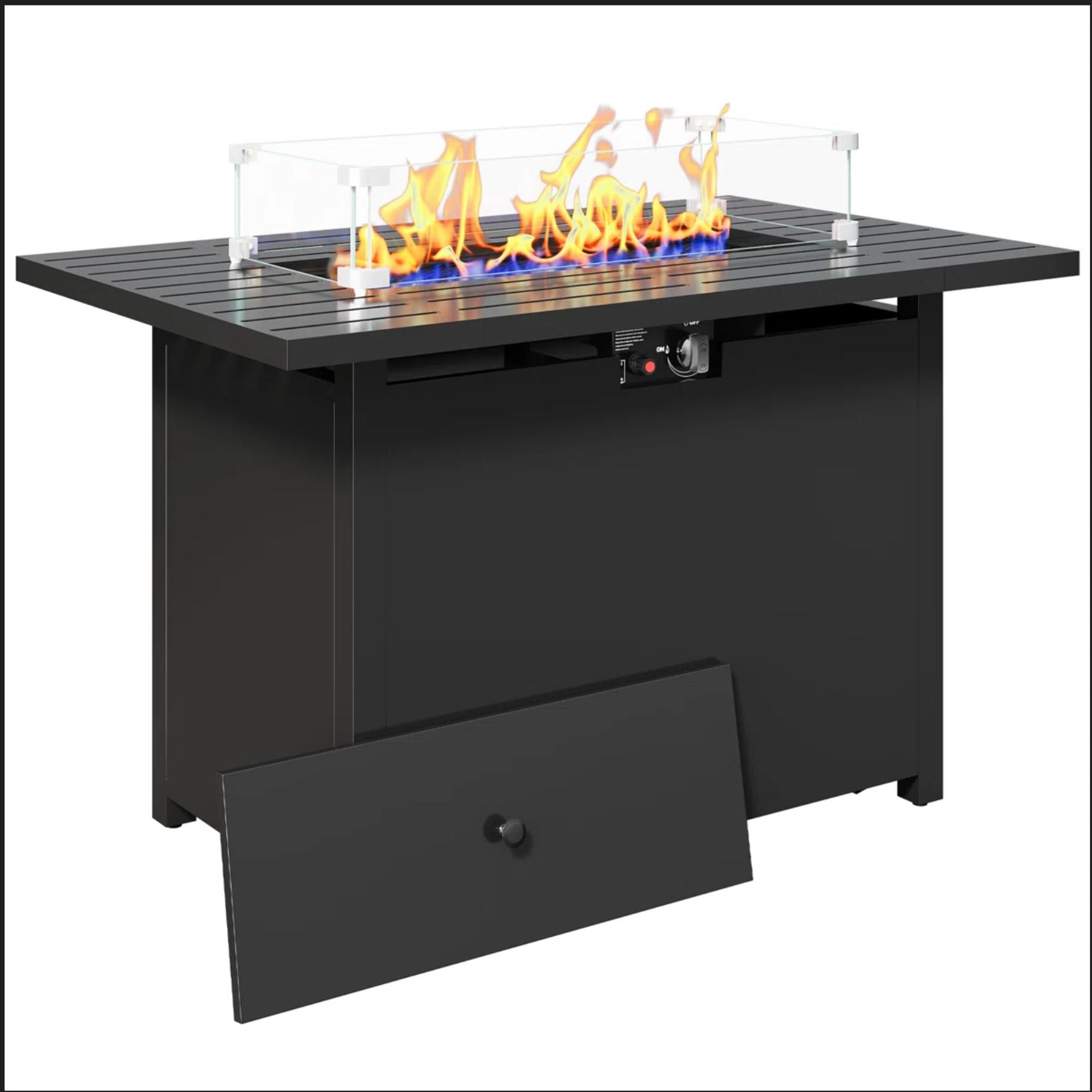Outdoor 2 In 1 Gas Fire Pit Table With Lid & Glass Shield, Stainless Burner, Lava Rock, Rectangular Design - Black