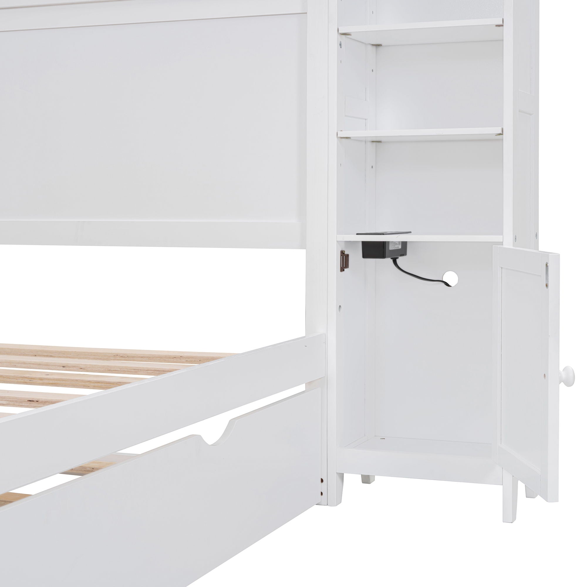 Bed With All In One Cabinet, Shelf And Sockets, Trundle