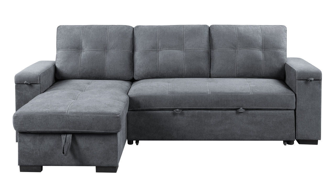 Toby 95"W Gray Woven Fabric Reversible Sleeper Sectional Sofa with Storage Chaise Cup Holder Charging Ports and Pockets