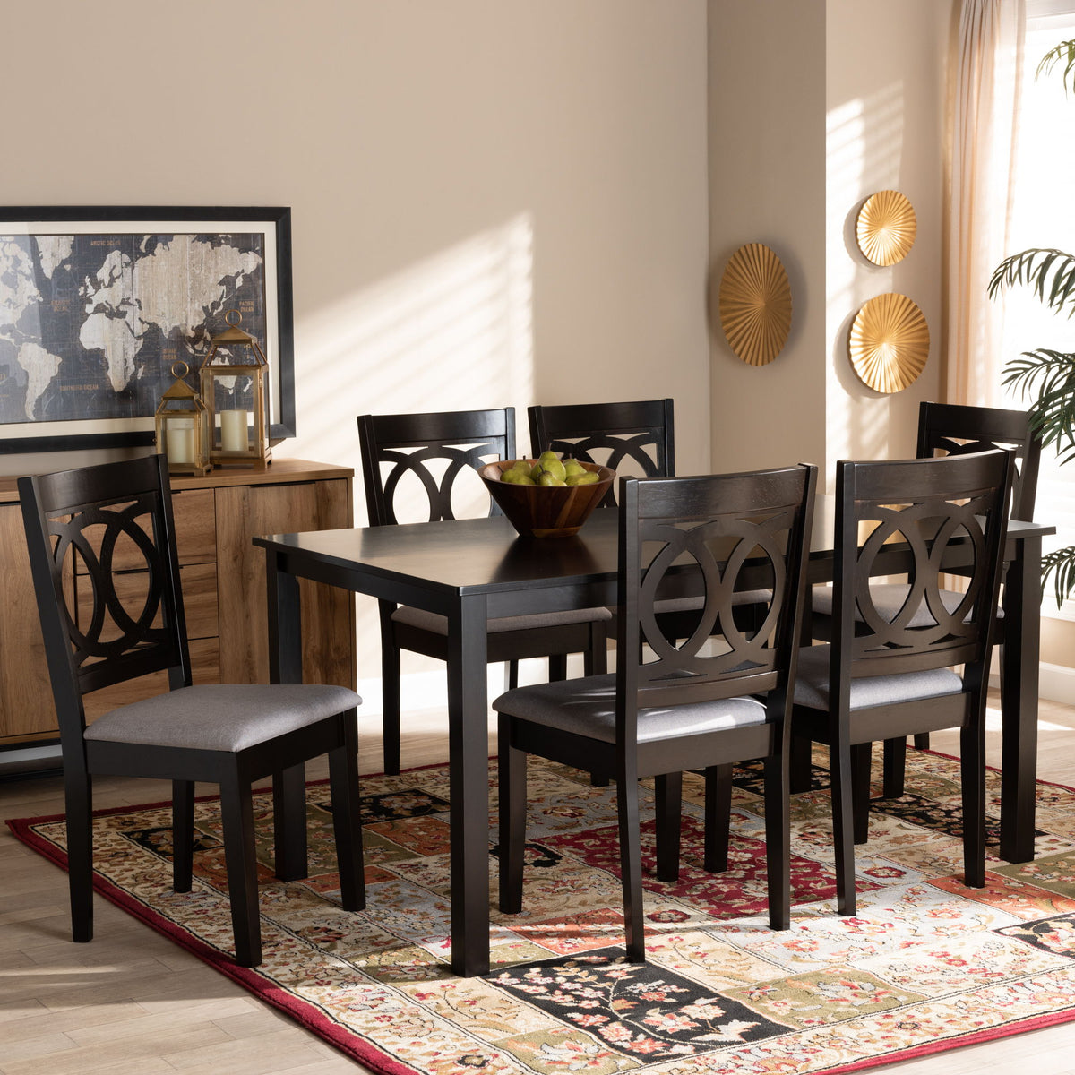 LeNoir Modern and Contemporary Grey Fabric Upholstered Espresso Brown Finished Wood 7-Piece Dining Set