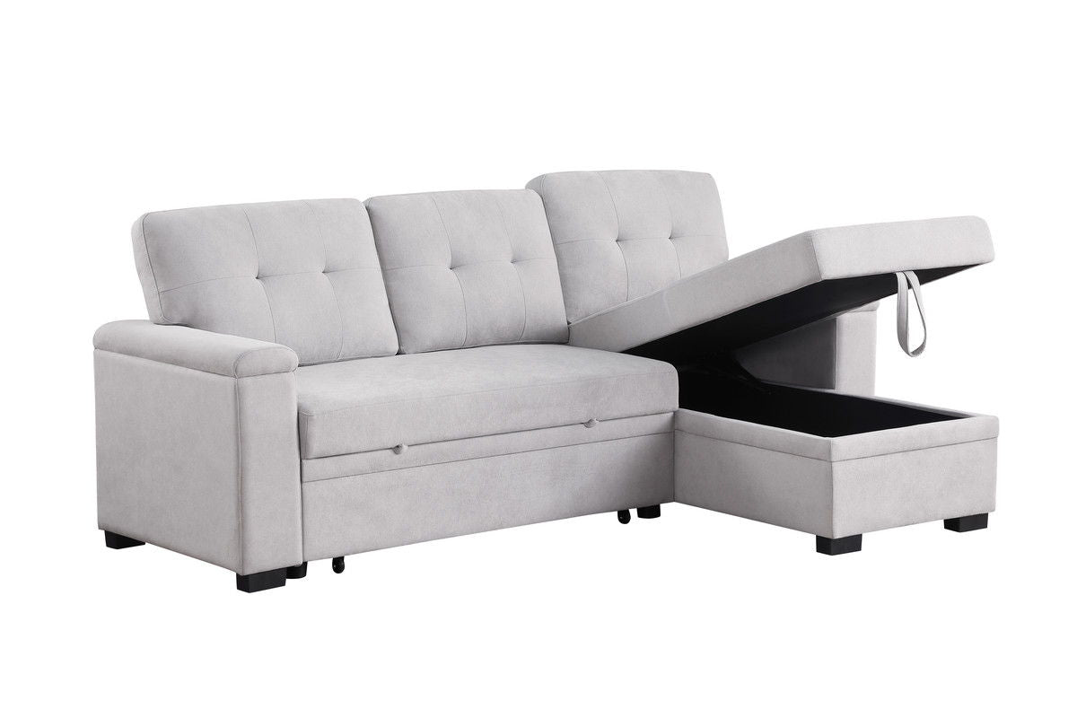 Lucca II 84.5"W Light Gray Woven Fabric Reversible Sleeper Sectional Sofa with Storage Chaise