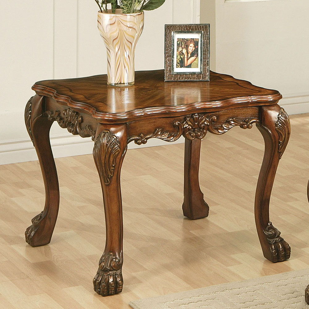 ACME The Dresden traditional end table, reflects highly decorative details, oversized claw feet, decorative carving inlay veneers on apron, all carefully made with selected materials. This table will be the showpiece of any room environment. | Meri Furnit