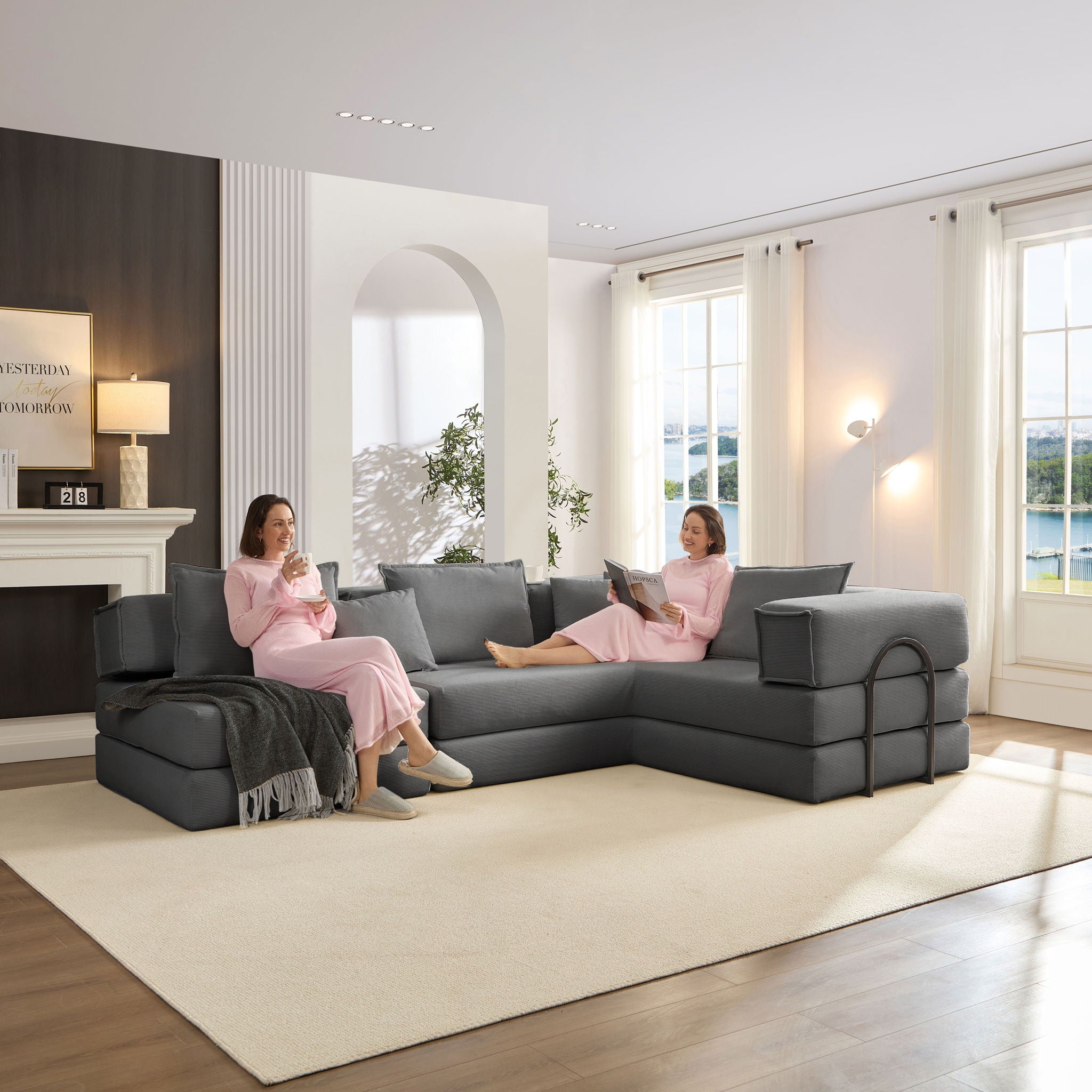 Modular L Shaped Floor Living Room Sofa Set With 6 Pillows