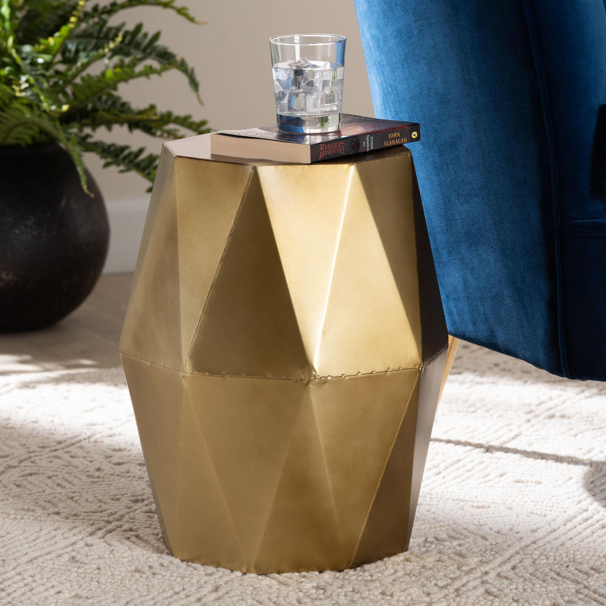 Salman Geometric Bronze Metal Accent Table - Faceted Modern Side Table for Indoor or Semi-Outdoor Use