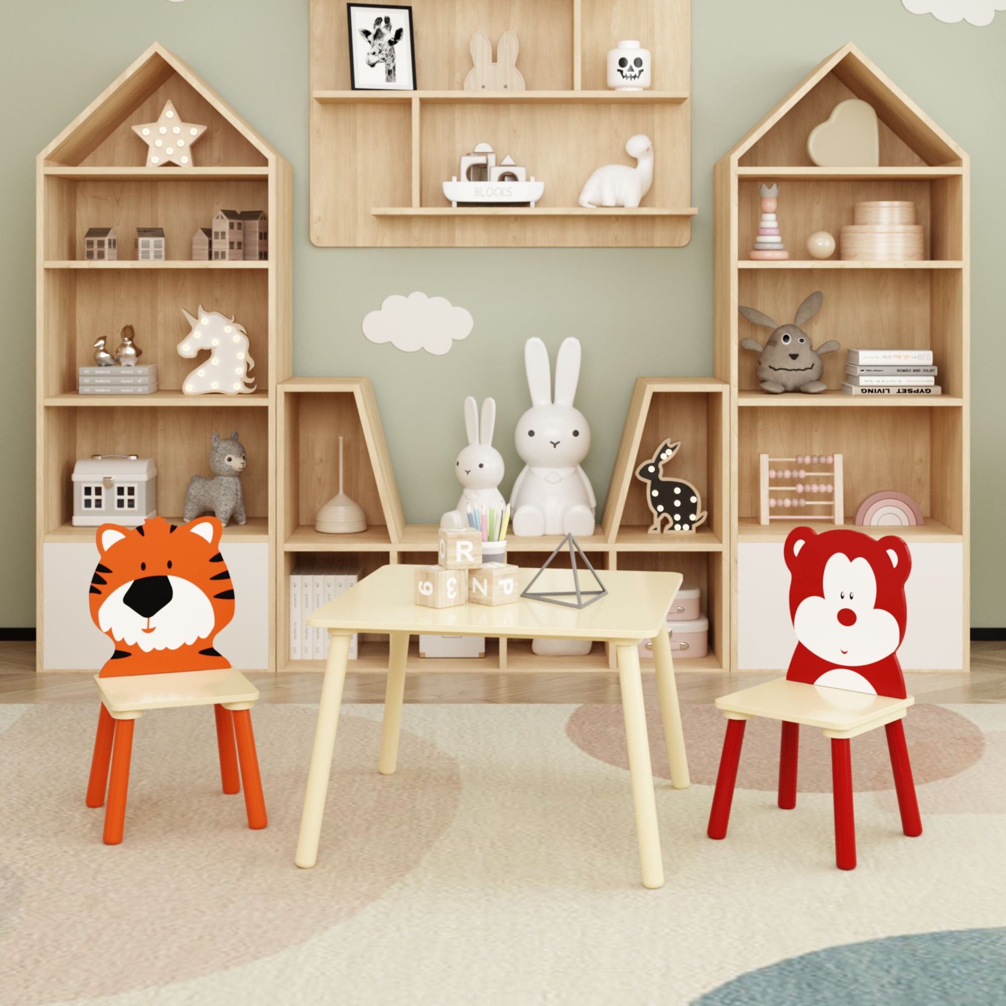 Table And 2 Chairs Set, Activity Play Table Set With Bear & Tiger Design - Natural