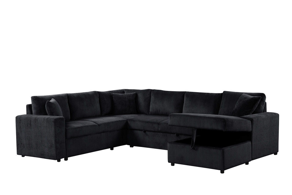 Ruxley 123"W Black Corduroy Sleeper Sectional Sofa with Right-Facing Storage Chaise and Throw Pillows