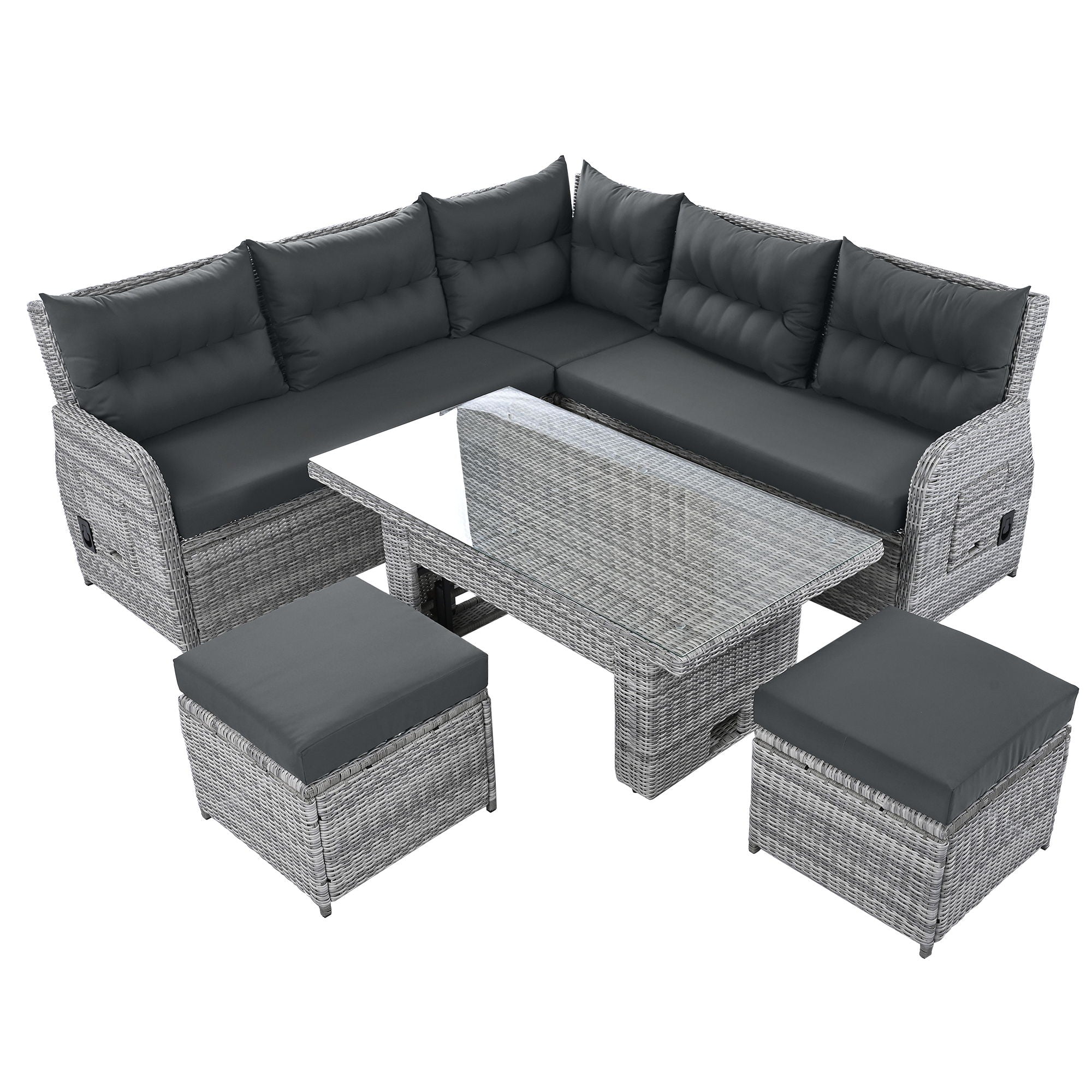 Outdoor Furniture Set Patio Rattan Furniture Set With Adjustable Table, Recliners With Extendable Side Tables And 2 Ottomans