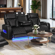 Jazz 84"W Black Leather Aire Transformer Power Reclining Sofa with Power Headrest, LED Lights, Wireless Charging Drop-Down Table, USB & USB-C Ports, Storage & Cupholders