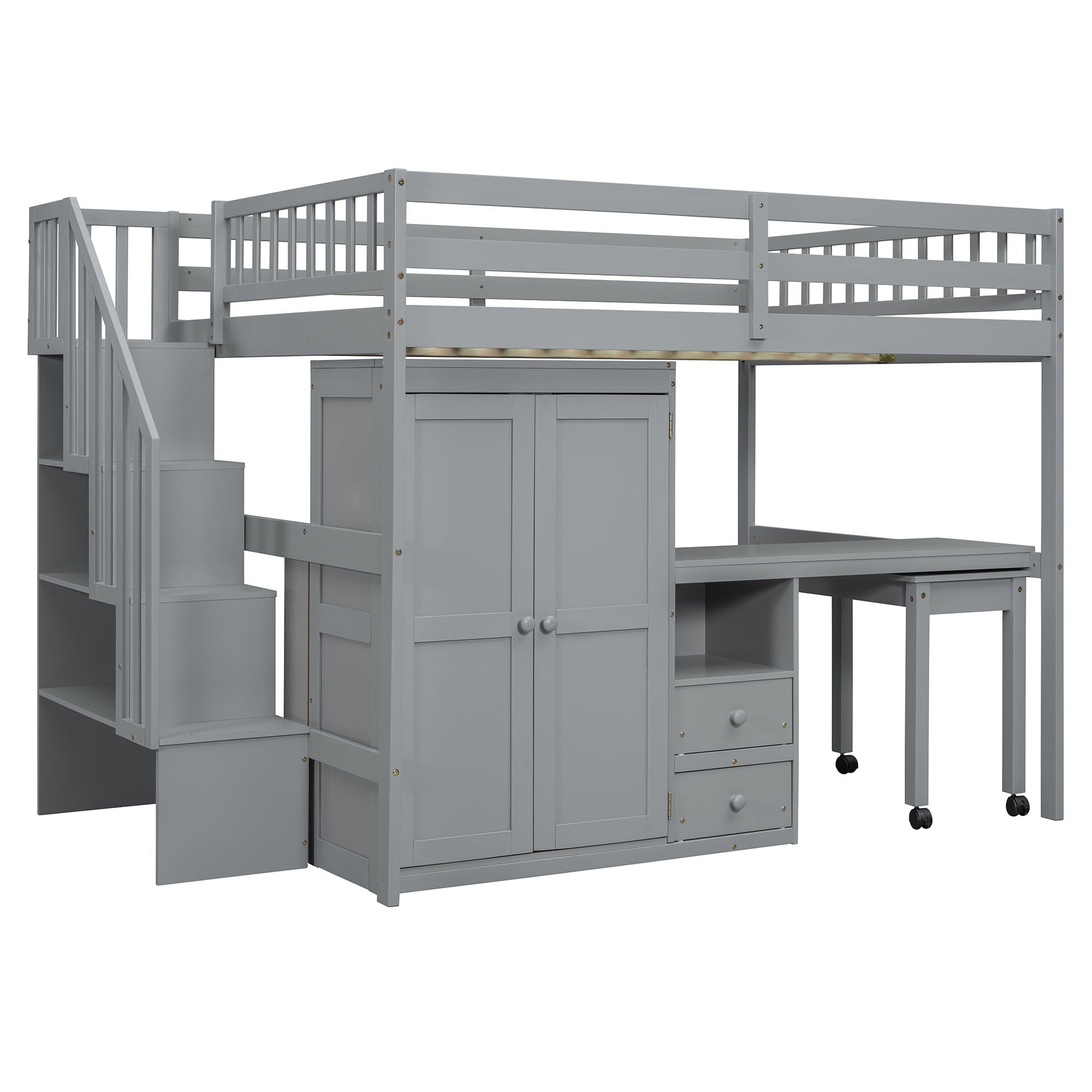 Loft Bed With Stairs, Bookshelf, Drawers, Desk & Wardrobe, Space Saving Multifunctional Furniture