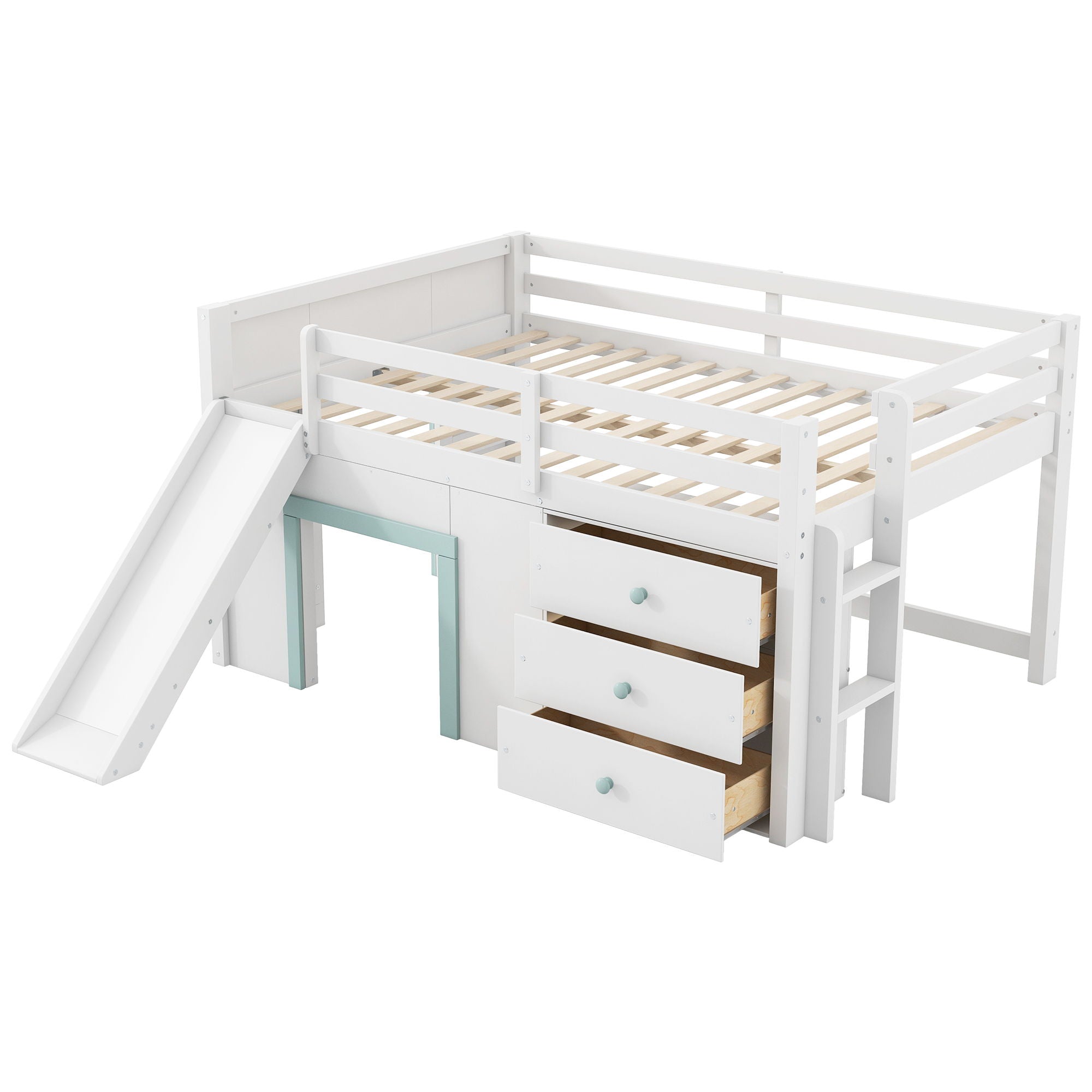 Modern Low Loft Bed With Slide, 3 Storage Drawers, And 2 Doors