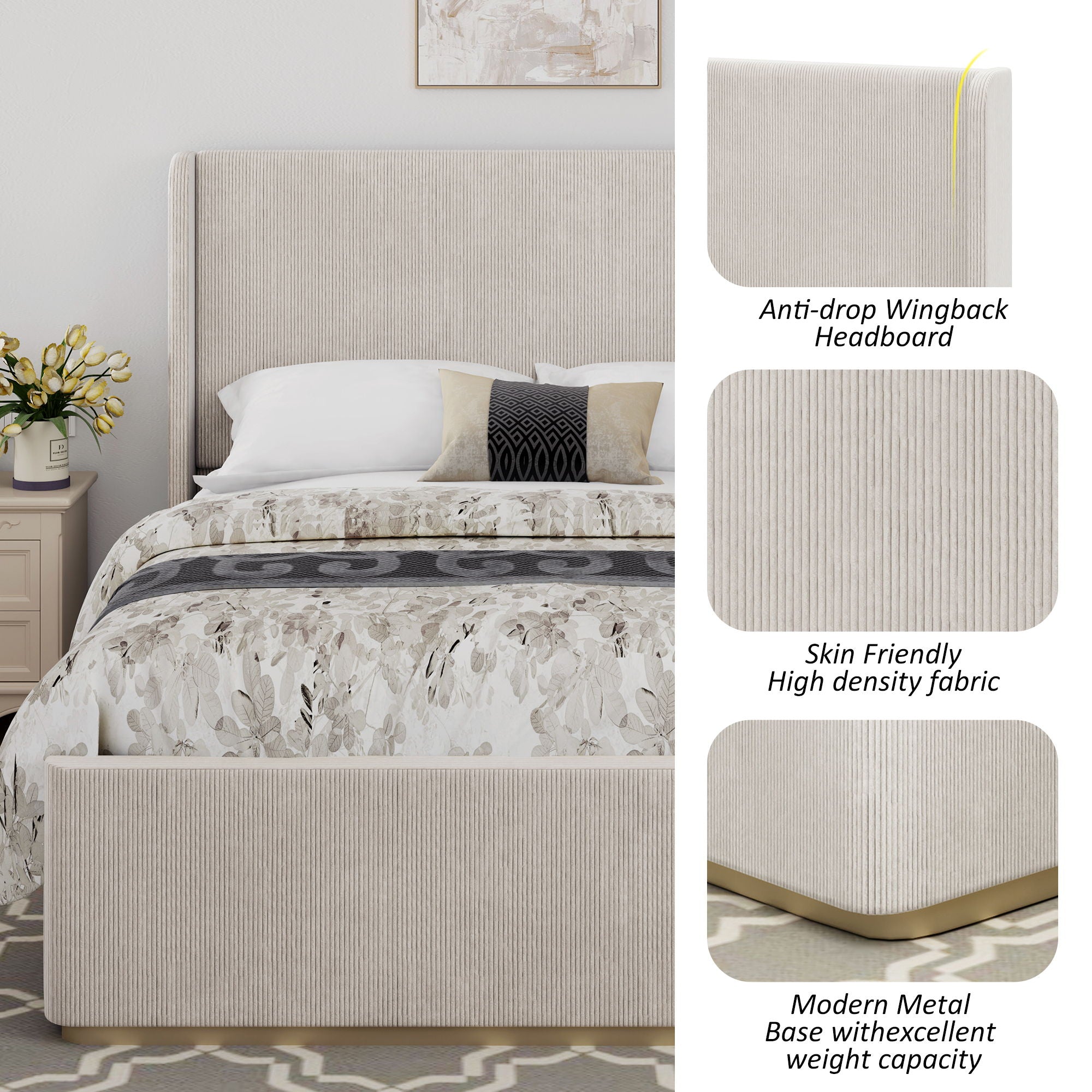 King Size Luxurious Corduroy Upholstered Bed Frame With Vertical Stripe Wingback Headboard And High Footboard - Light Gray