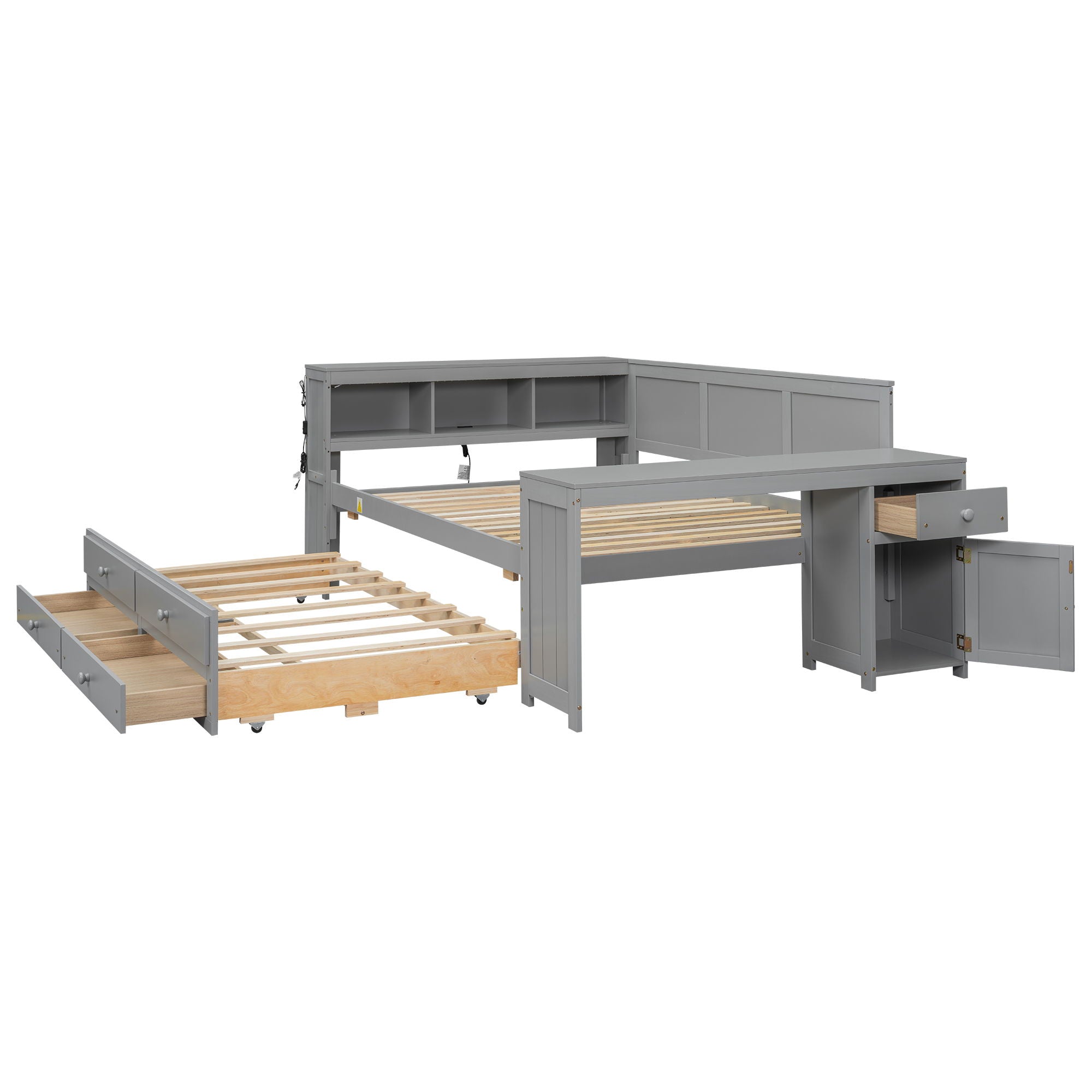Daybed With Storage Shelves, Drawers, Trundle, Charging Station, LED Light, Desk And Cabinet